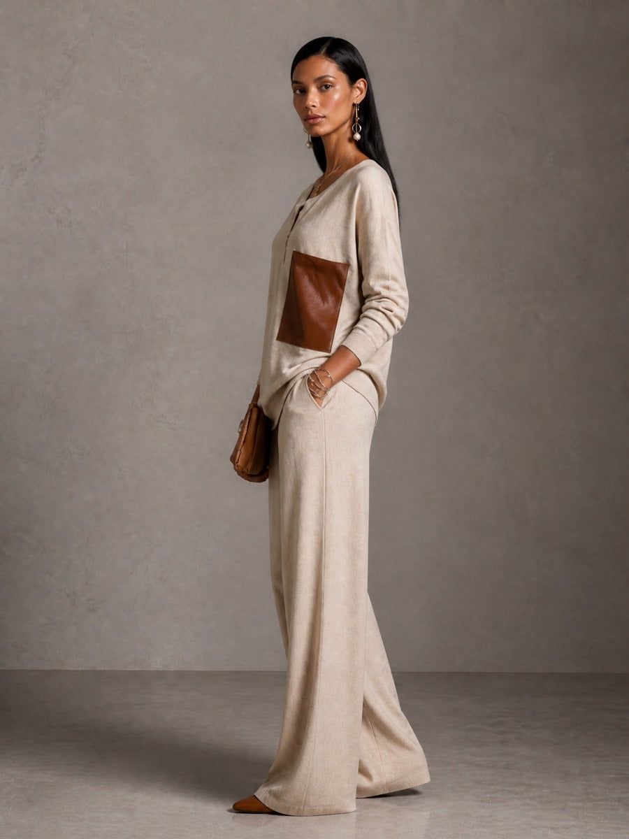 Women's Faux Leather Patchwork Casual Sweater And Wide-leg Pants Set MDZ2510H0GMJ