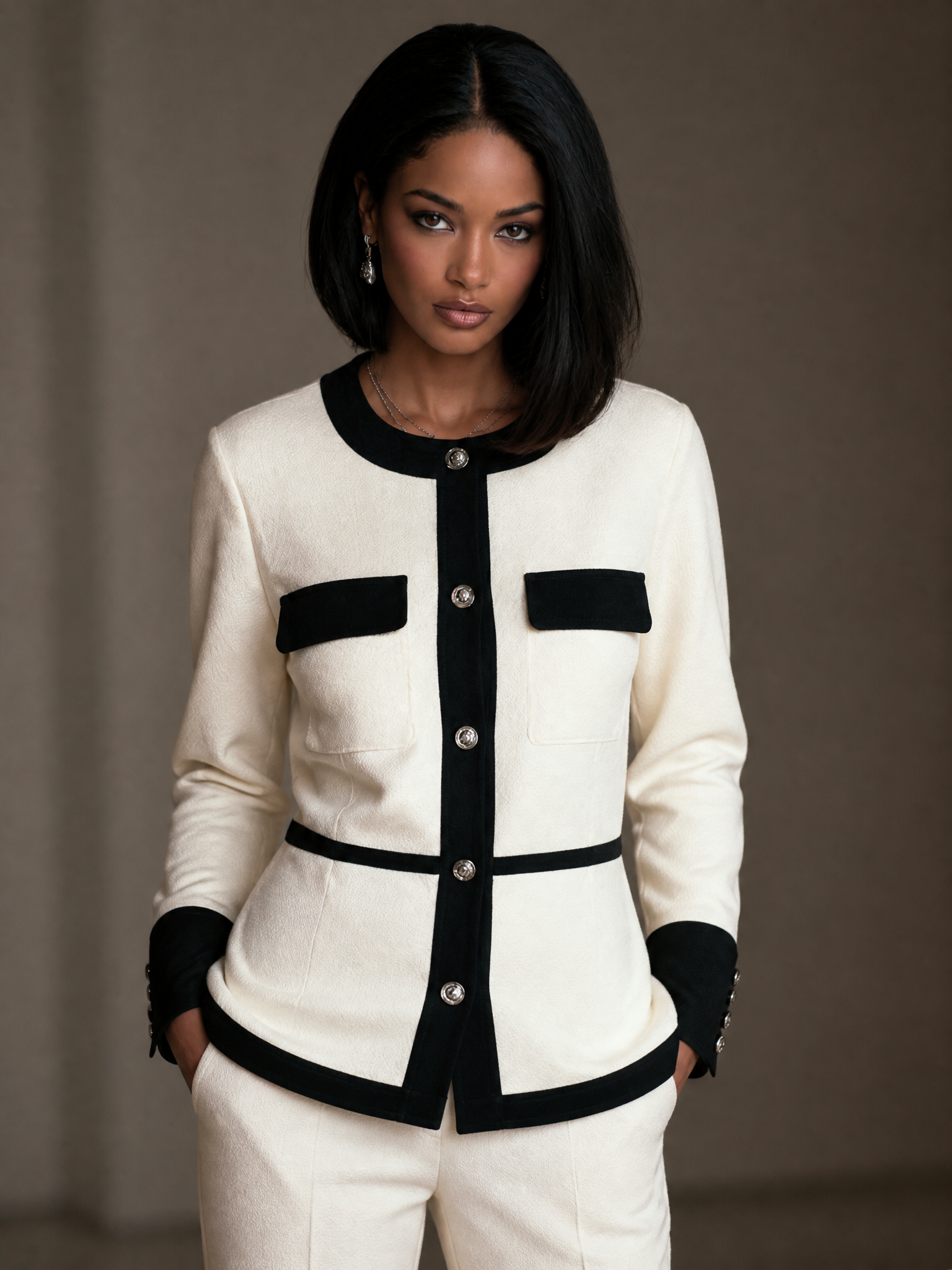 Women's Elegant Color-blocked Trim Coat MDZ2550H3GMJ