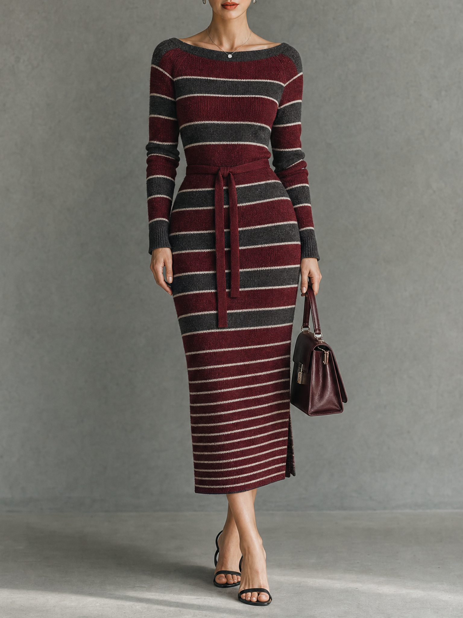 Women's Vintage Striped Boat-Neck Slim-Fit Sweater Dress MDZ2507H7WY