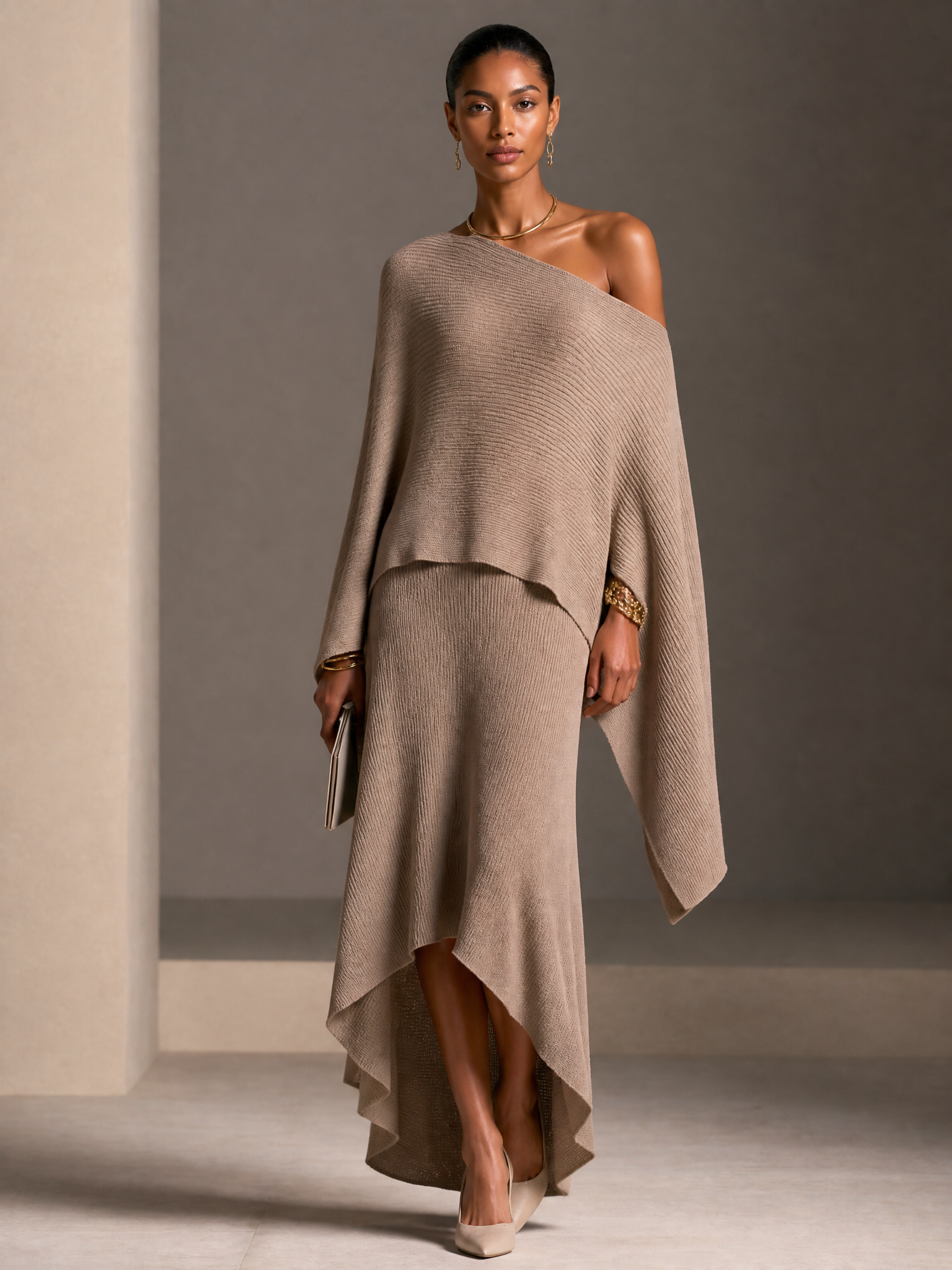 Women's Asymmetrical One-Shoulder Knit Top And Skirt Set MDZ2527H4GMJ