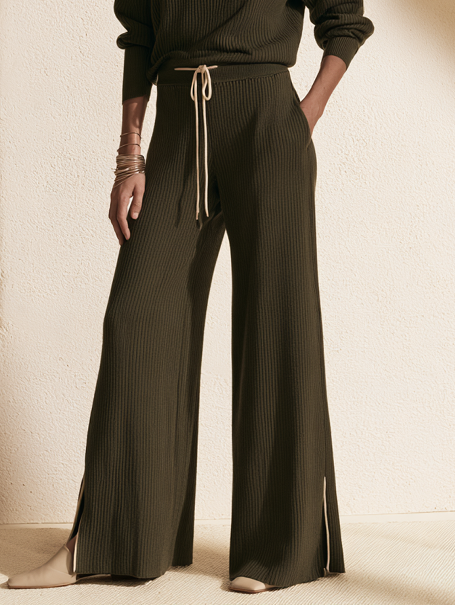 Women's Retro Zip-Up Mock-Neck Sweater And Drawstring Wide-Leg Pants Set MDZ2554H2WY