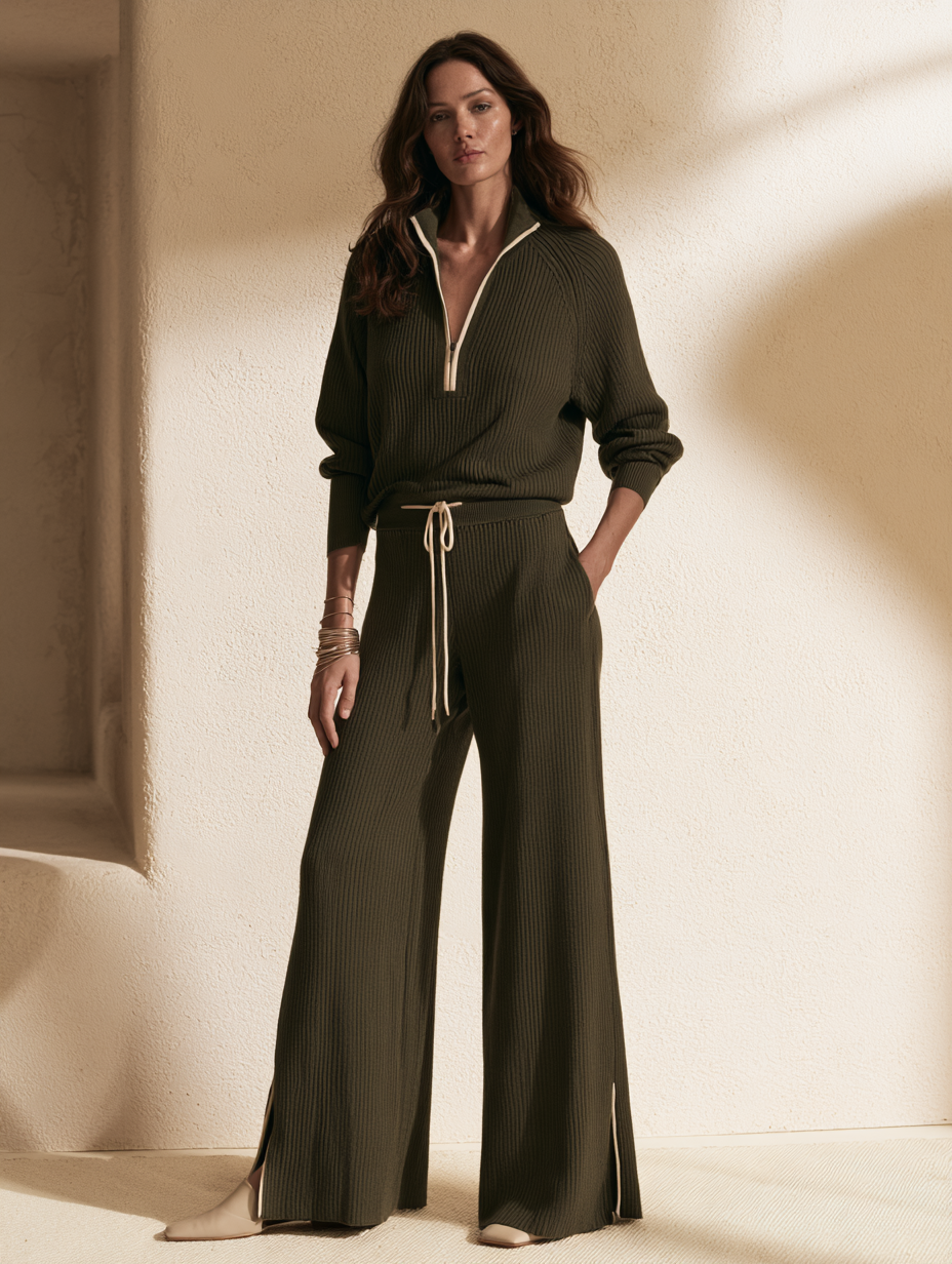 Women's Retro Zip-Up Mock-Neck Sweater And Drawstring Wide-Leg Pants Set MDZ2554H2WY