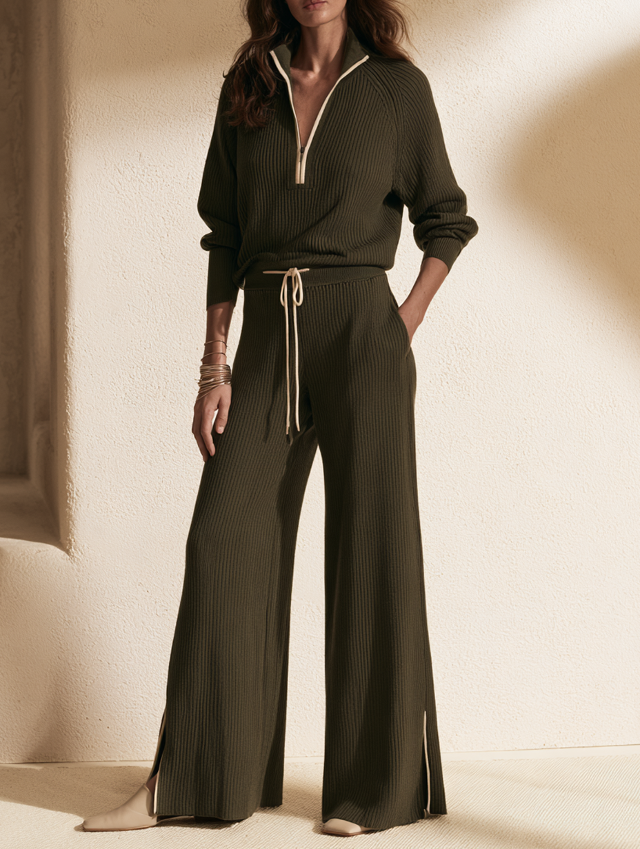 Women's Retro Zip-Up Mock-Neck Sweater And Drawstring Wide-Leg Pants Set MDZ2554H2WY
