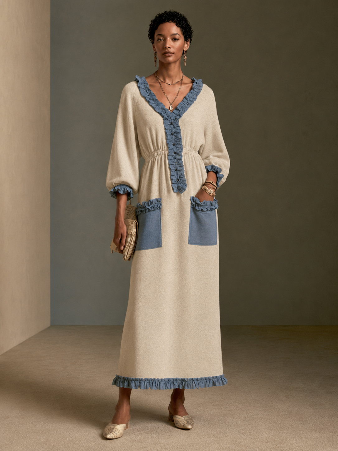 Women's Color-Blocked Ruffled Elegant Knitted Long Dress MDZ2533H5GMJ