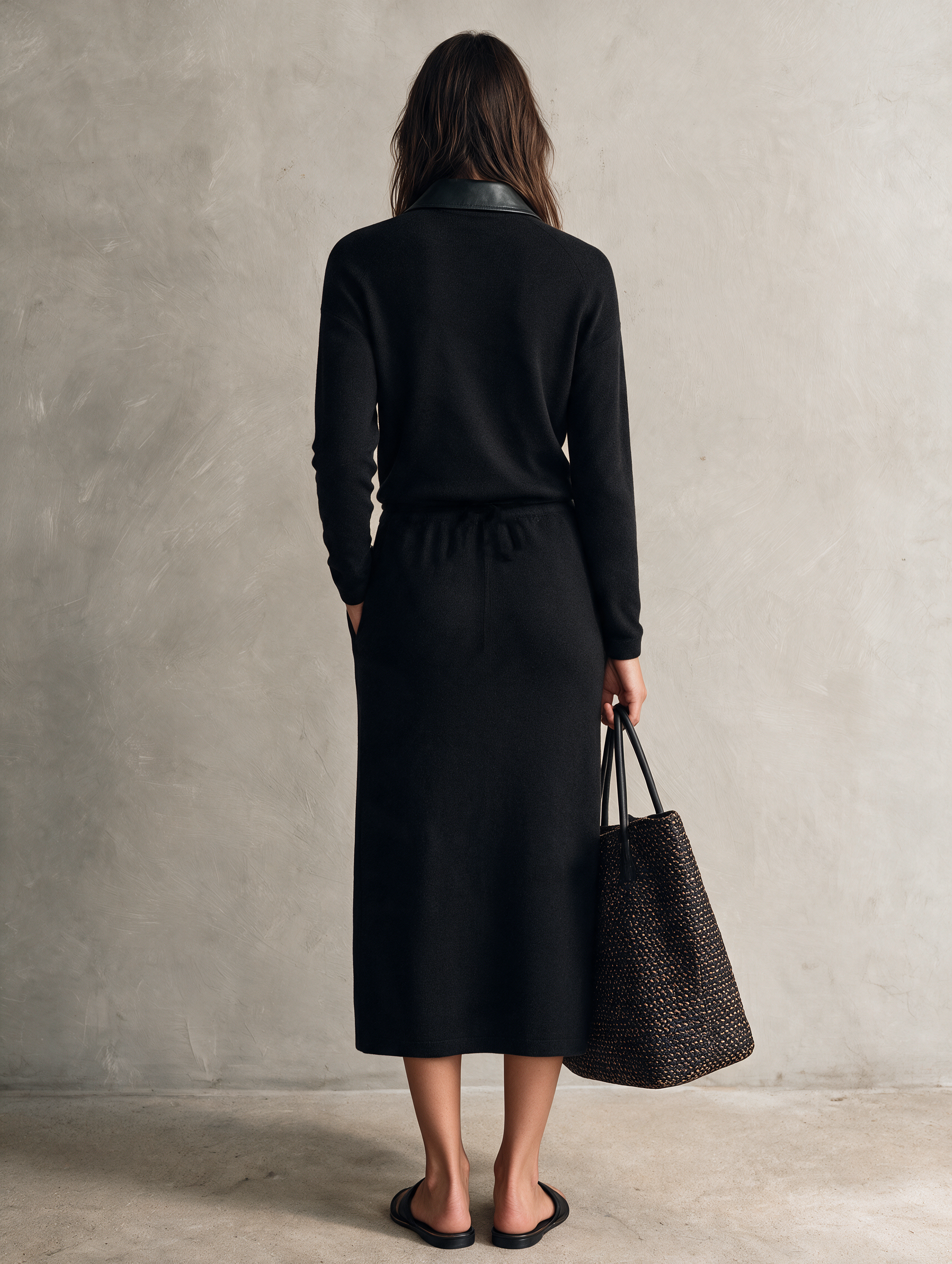 Women's Casual Black Long-Sleeve Midi Dress With Knit And Leather Paneling MDZ2552H1LXY
