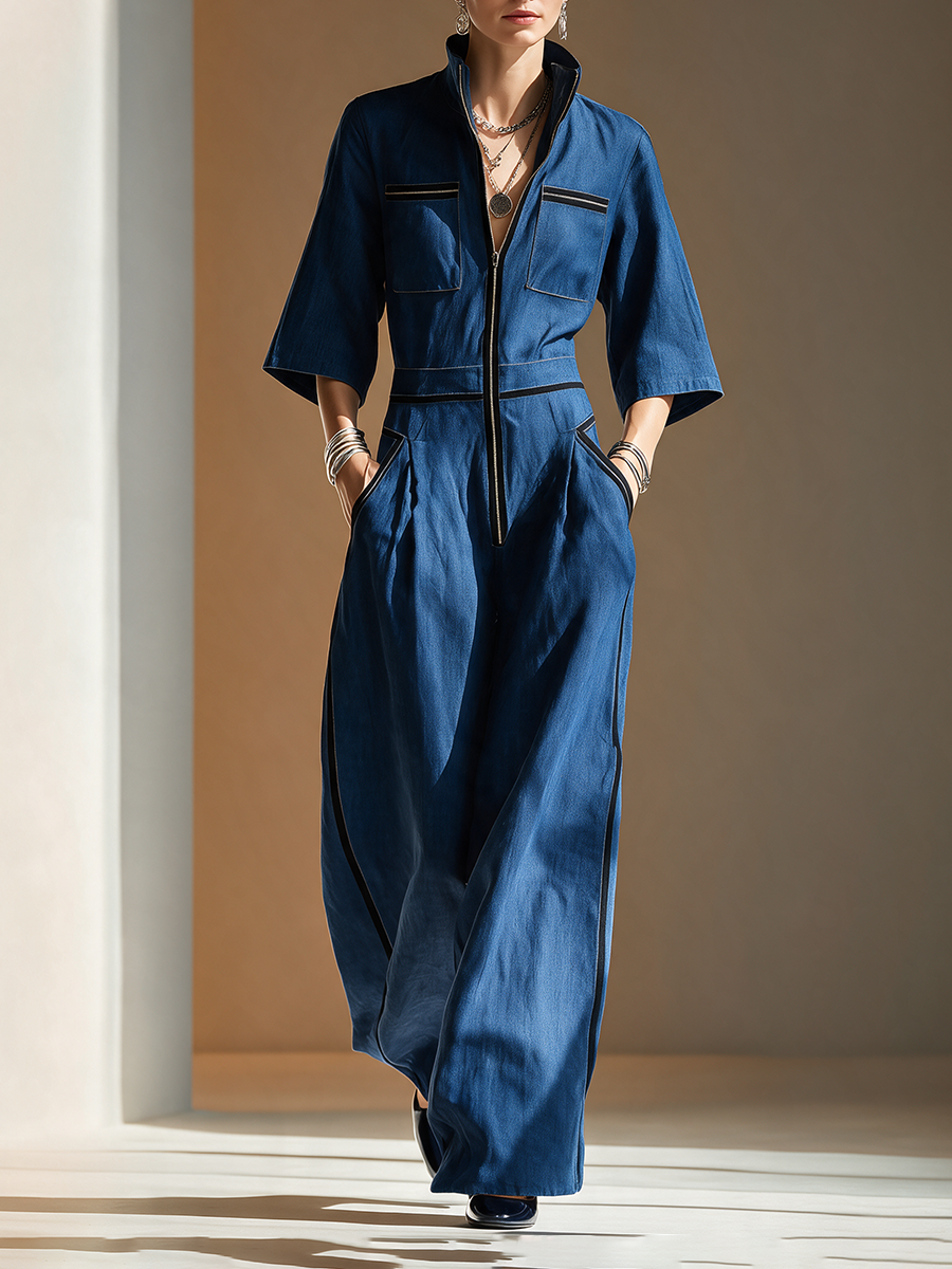 Women's Denim Stand-Collar Zip Black-Trim Cargo-Pocket Short-Sleeve Wide-Leg Jumpsuit MDZ2514H3CMX