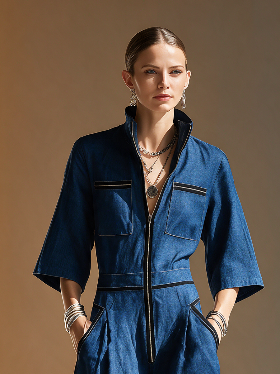 Women's Denim Stand-Collar Zip Black-Trim Cargo-Pocket Short-Sleeve Wide-Leg Jumpsuit MDZ2514H3CMX