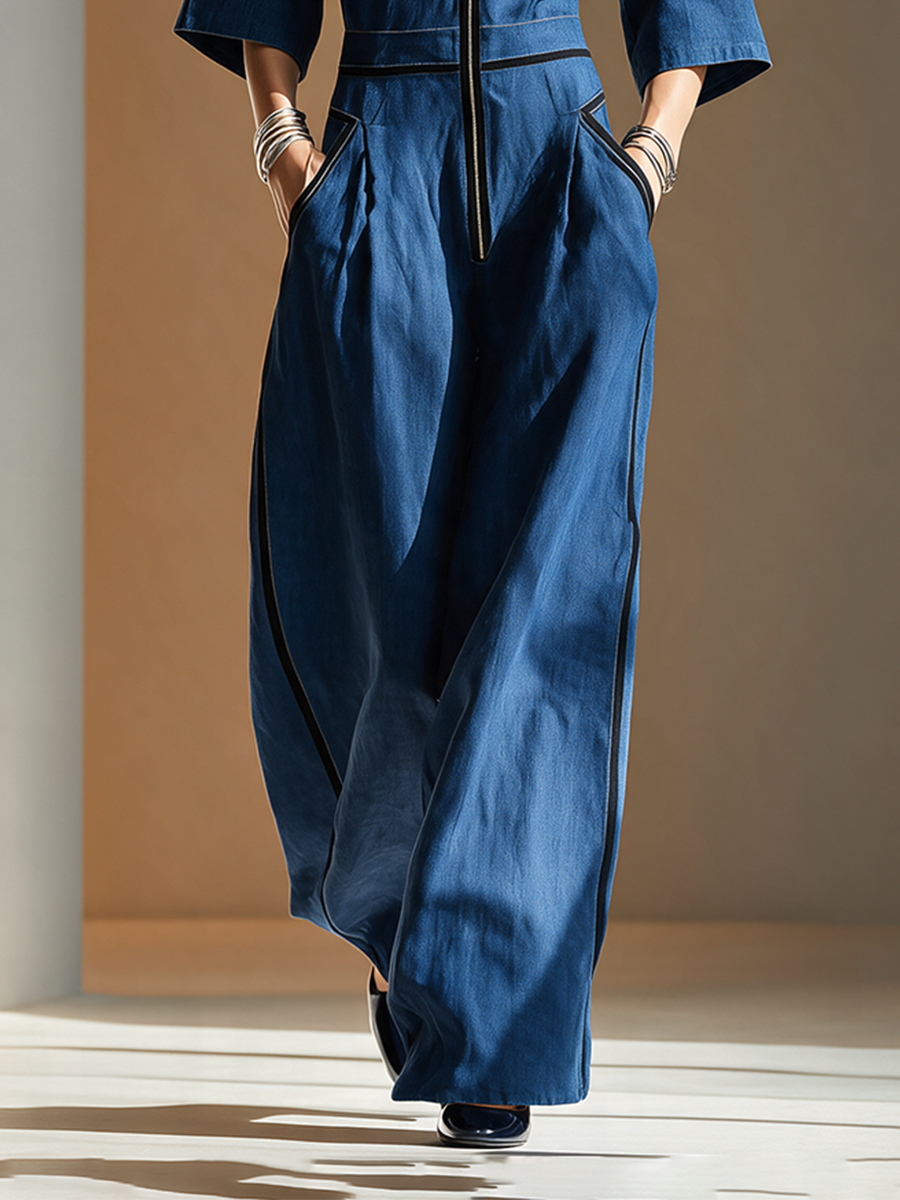 Women's Denim Stand-Collar Zip Black-Trim Cargo-Pocket Short-Sleeve Wide-Leg Jumpsuit MDZ2514H3CMX