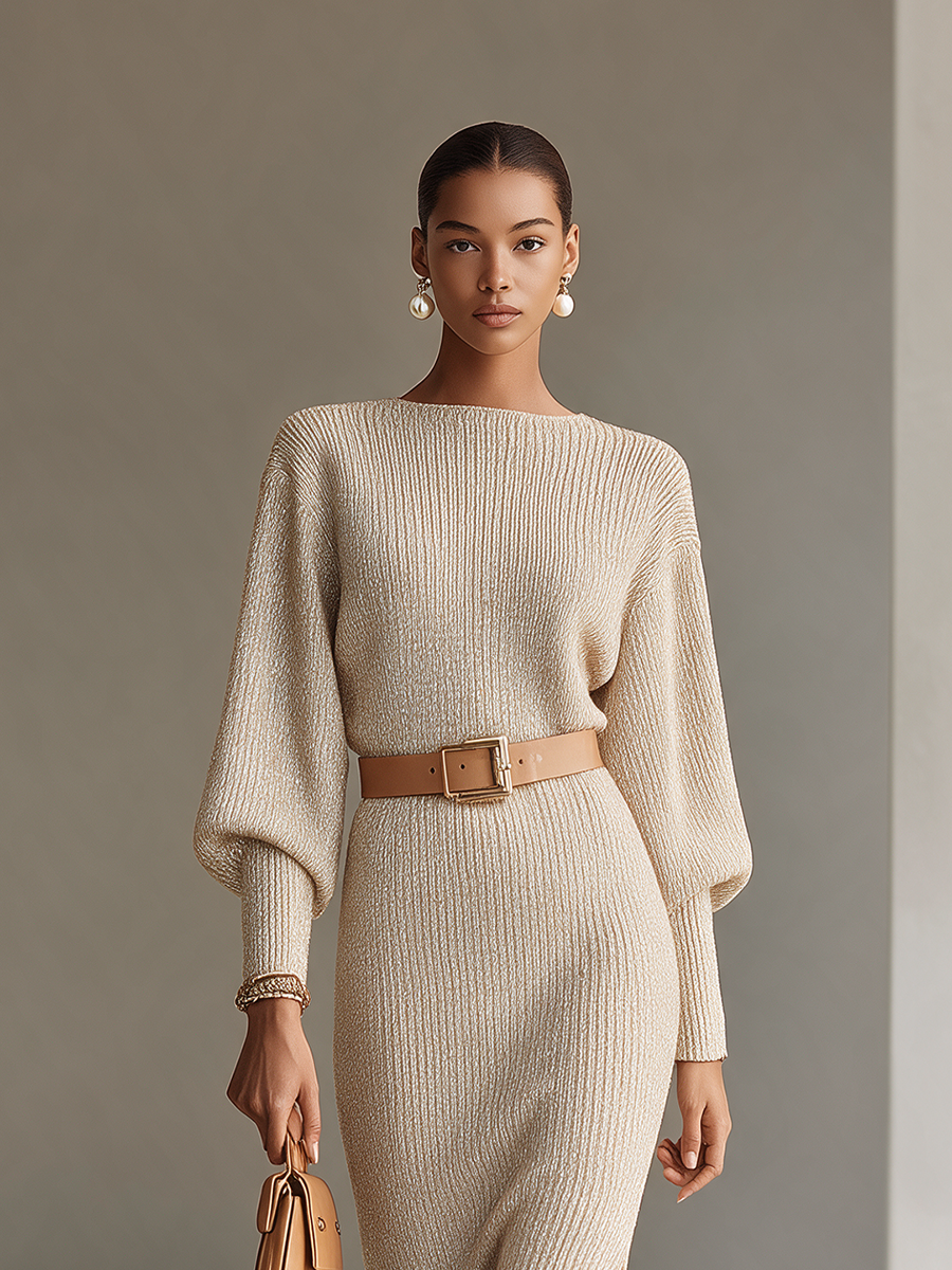 Women's Elegant Boat-Neck Blouson-Sleeve Belted Slit Bodycon Midi Dress MDZ2506H7CMX