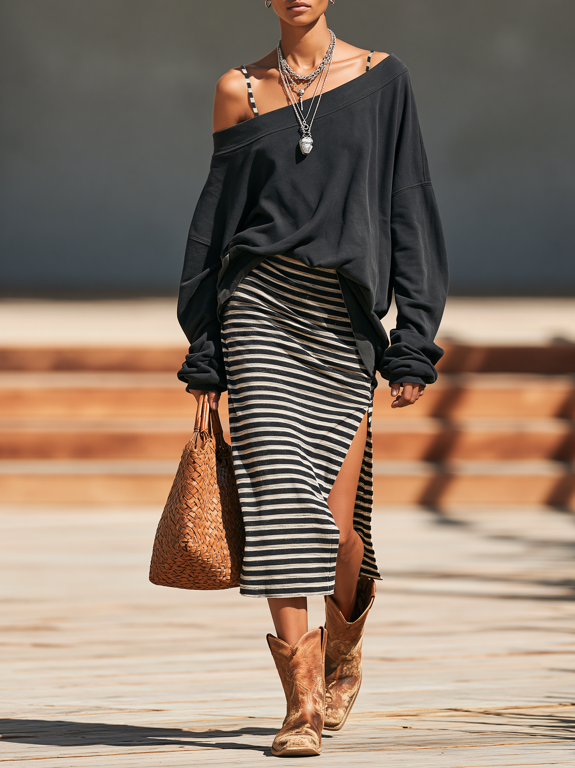 Women's Vintage-Wash Sweatshirt & Striped Midi Slip Dress Set MDZ2558H9WY