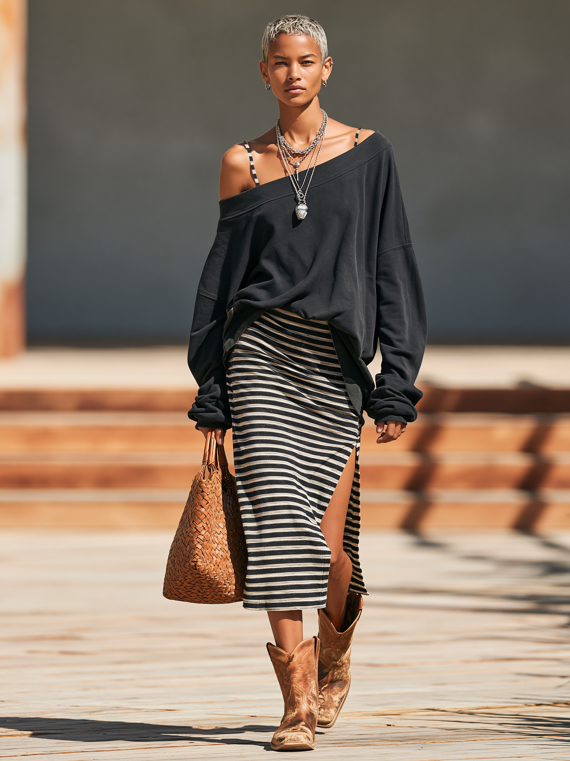 Women's Vintage-Wash Sweatshirt & Striped Midi Slip Dress Set MDZ2558H9WY