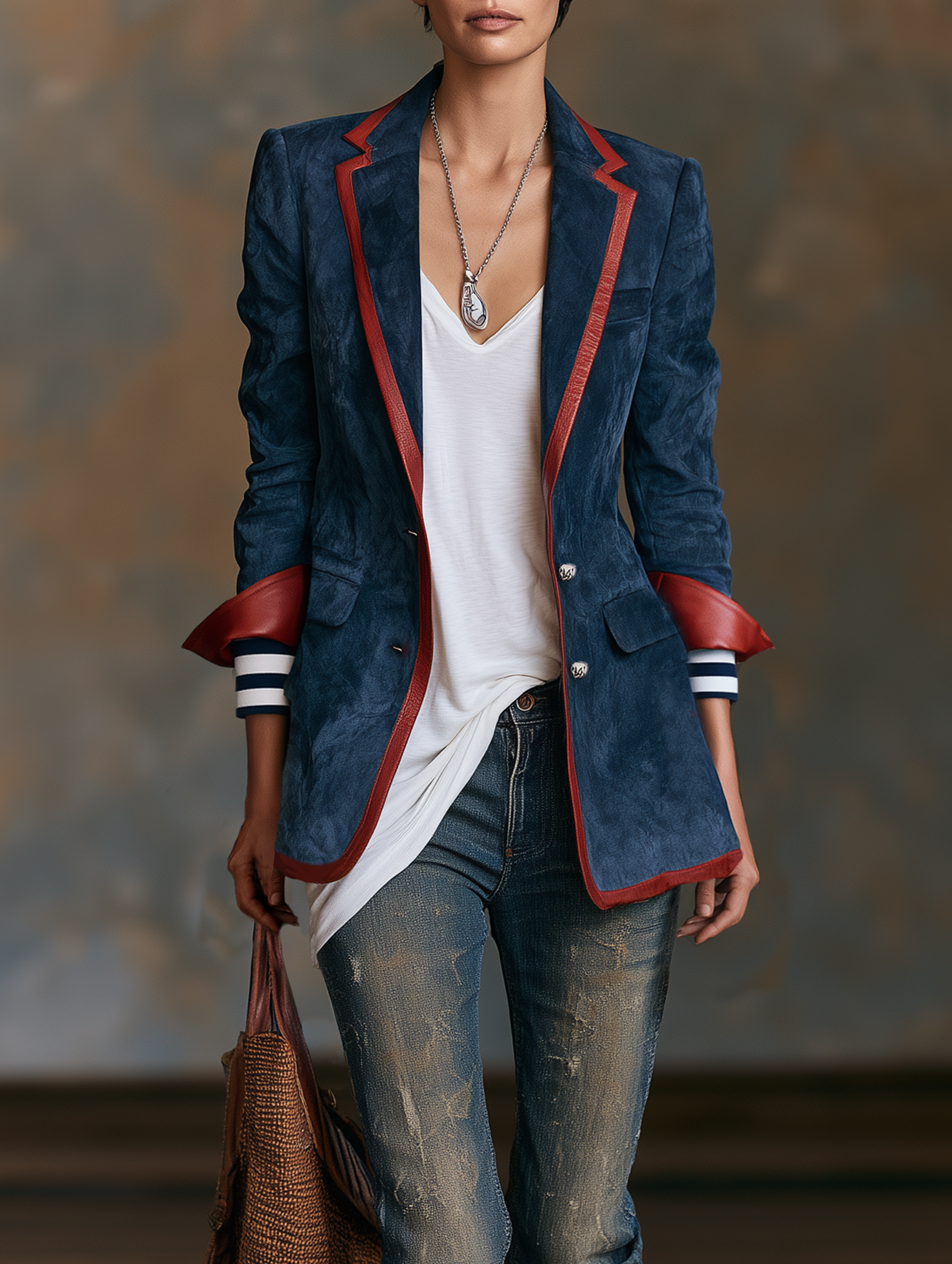 Women's Vintage-style Faux Suede Blazer With Red Leather Trim MDZ2570H7WY