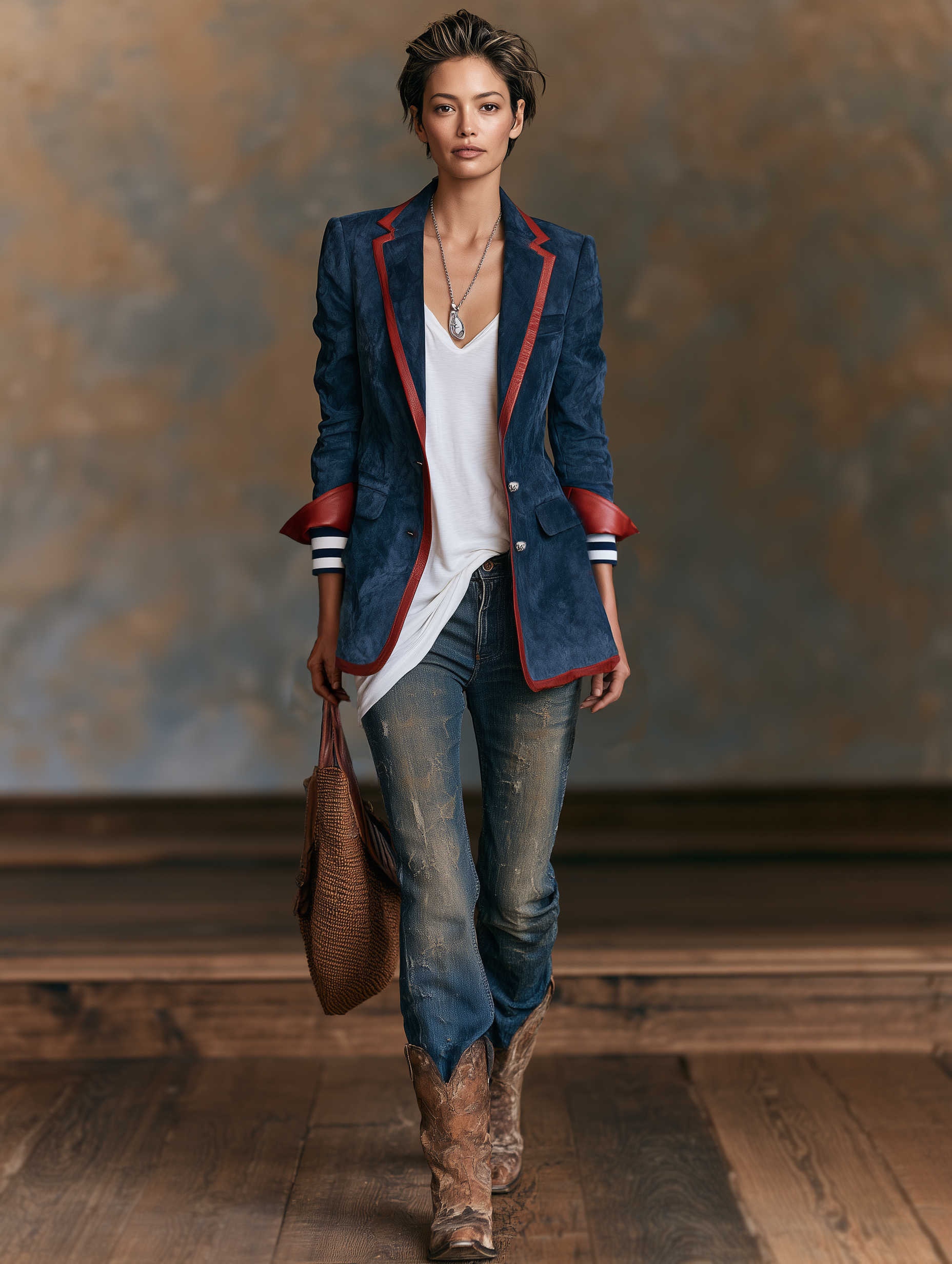 Women's Vintage-style Faux Suede Blazer With Red Leather Trim MDZ2570H7WY