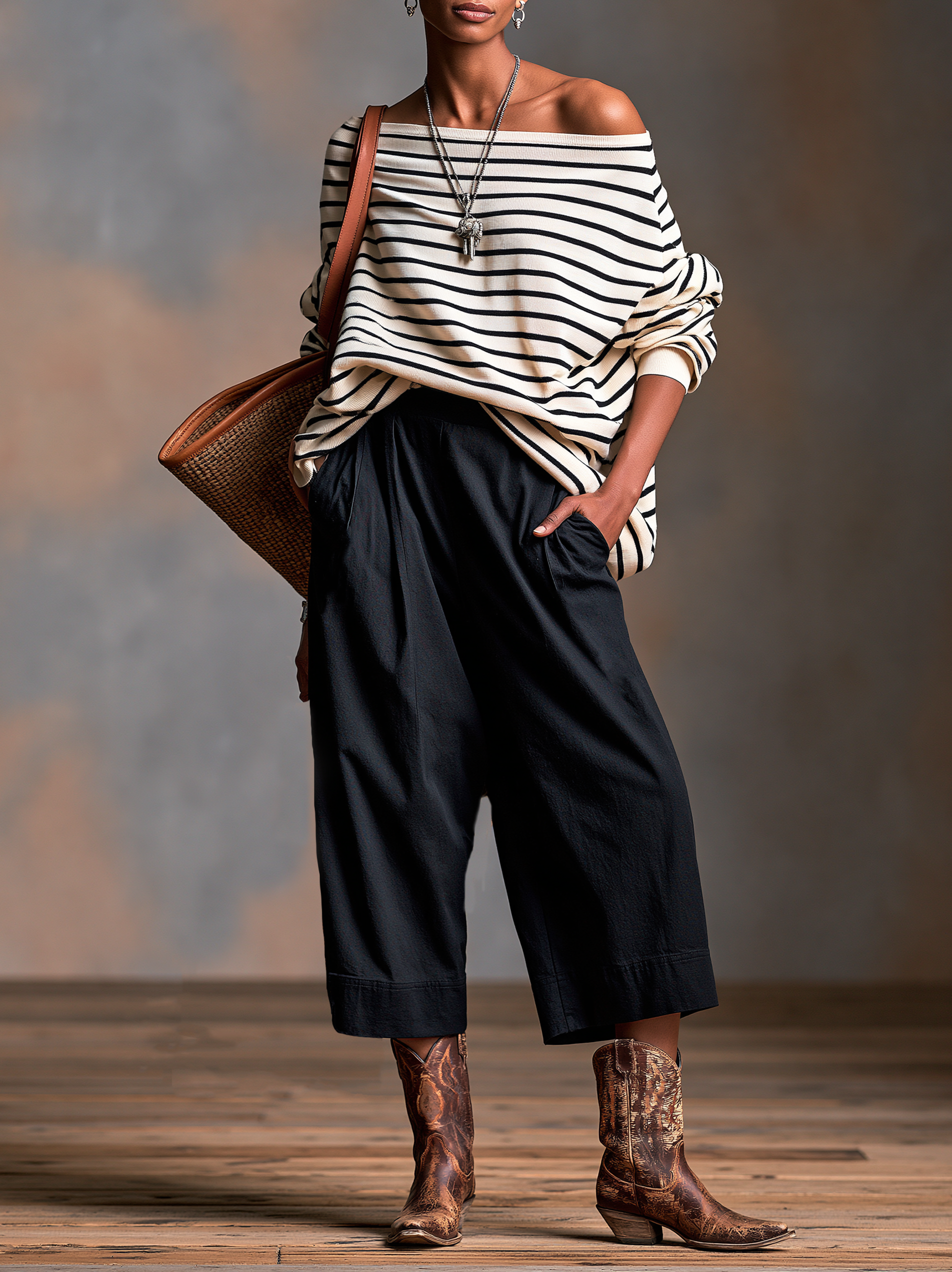 Women's Vintage Loose Striped T-Shirt And Mid-Length Pants Set MDZ2576H4WY