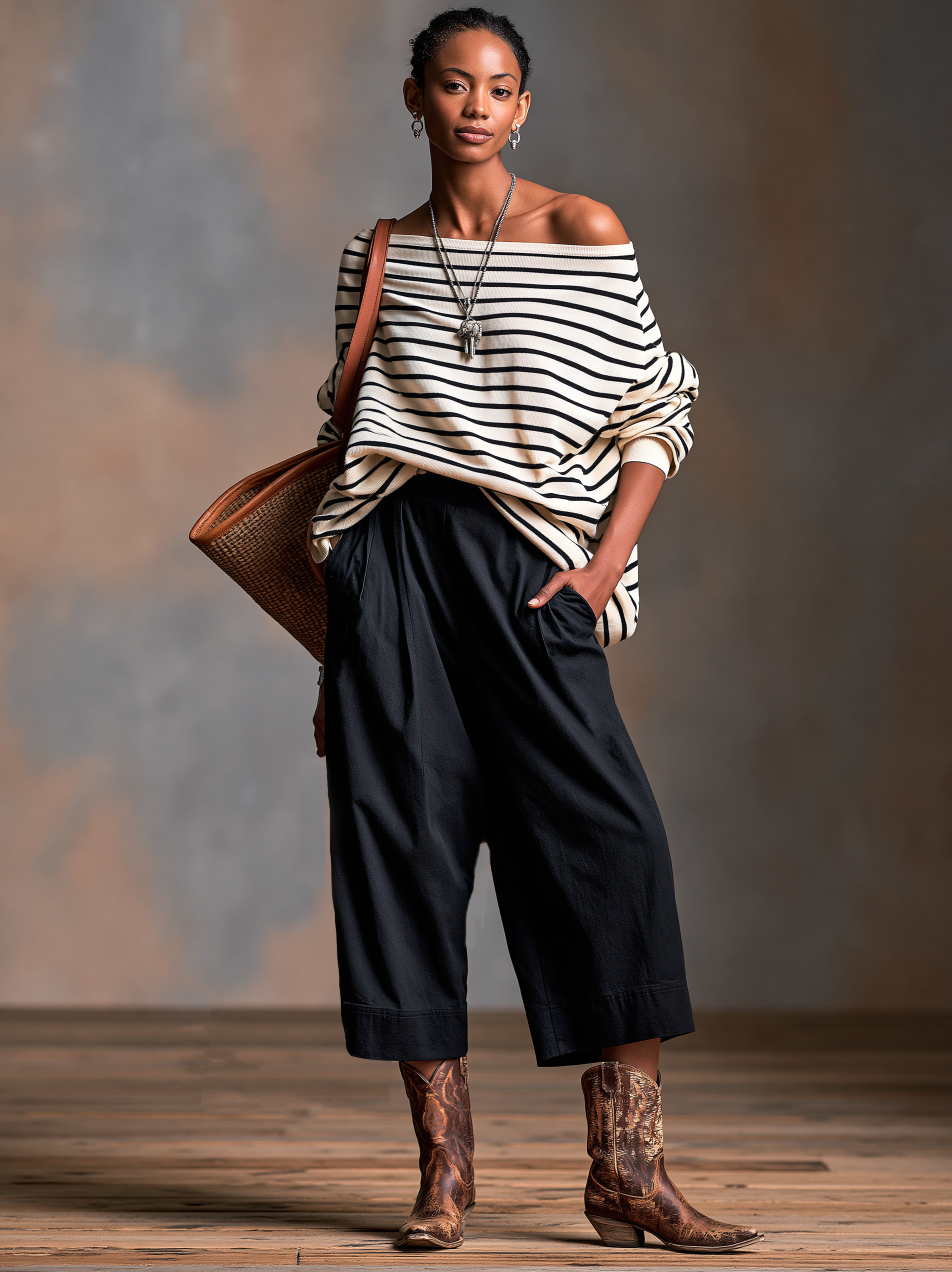 Women's Vintage Loose Striped T-Shirt And Mid-Length Pants Set MDZ2576H4WY