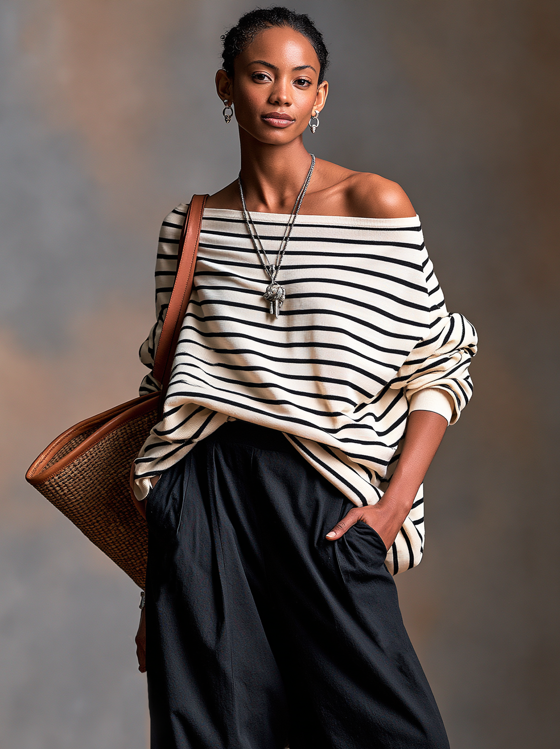 Women's Vintage Loose Striped T-Shirt And Mid-Length Pants Set MDZ2576H4WY