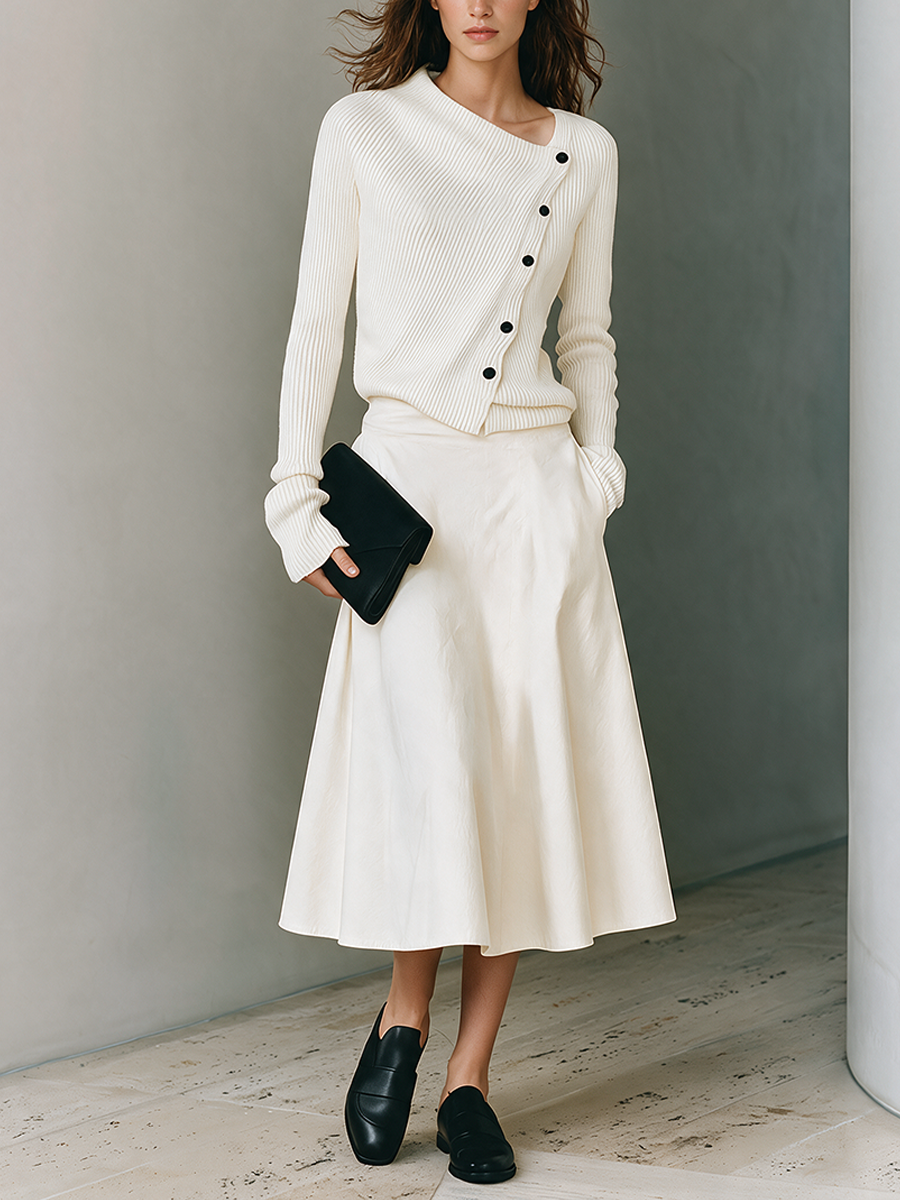 Women's White Knit Top And Cotton-Blend A-Line Skirt Set MDZ2600H0ZRK
