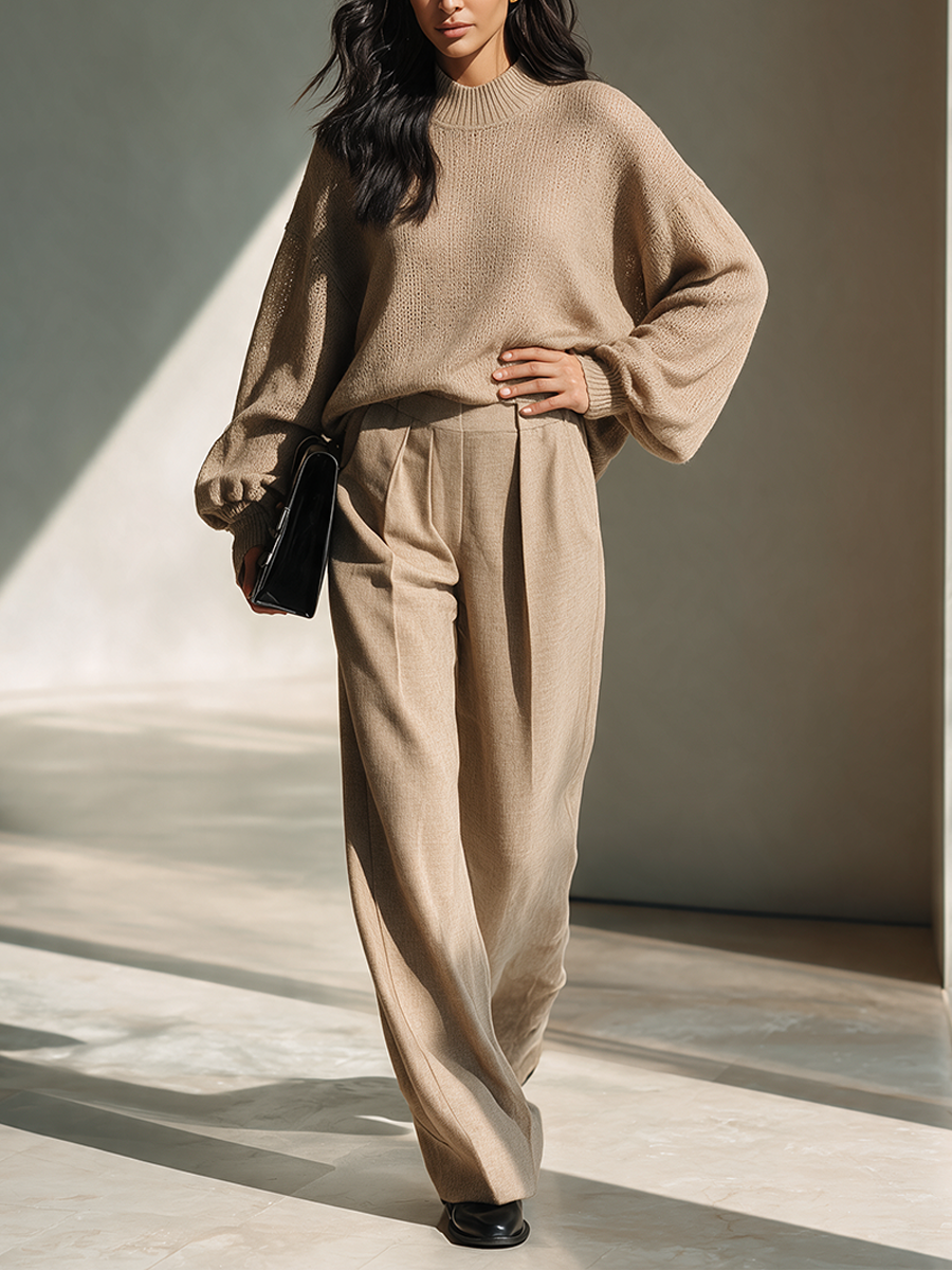 Women's Casual Knit Top And Woven Trouser Set MDZ2614H5ZRK