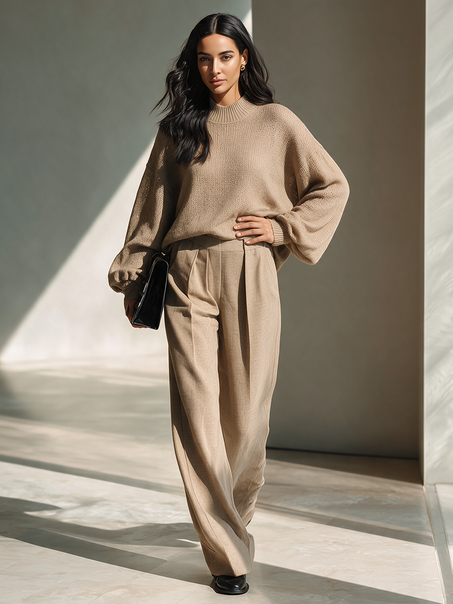 Women's Casual Knit Top And Woven Trouser Set MDZ2614H5ZRK