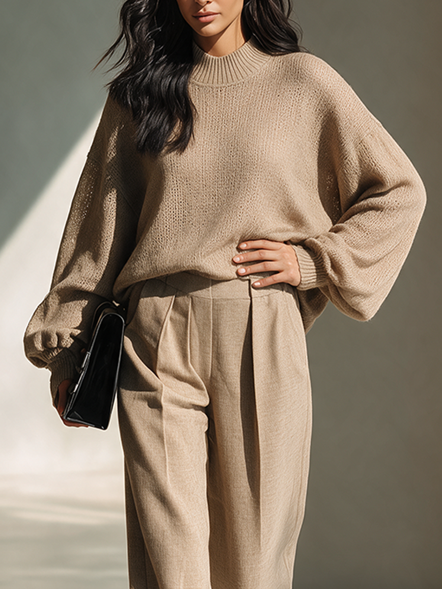 Women's Casual Knit Top And Woven Trouser Set MDZ2614H5ZRK