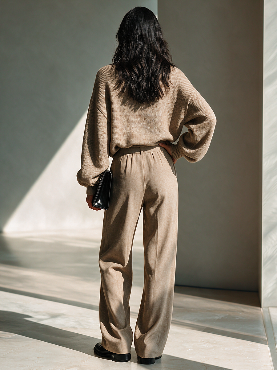 Women's Casual Knit Top And Woven Trouser Set MDZ2614H5ZRK