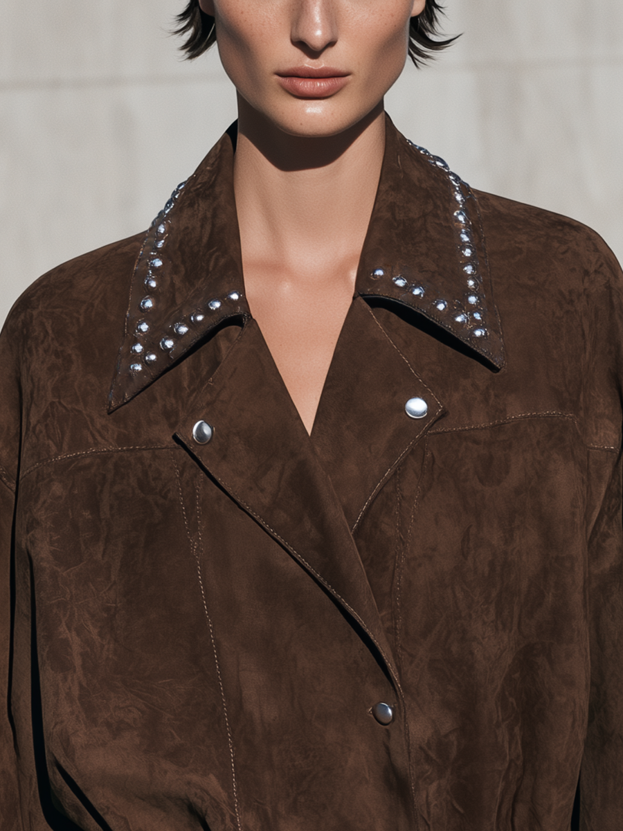 Women's Balloon Sleeve Studded Brown Moto Jacket MDZ2550H4YZJ