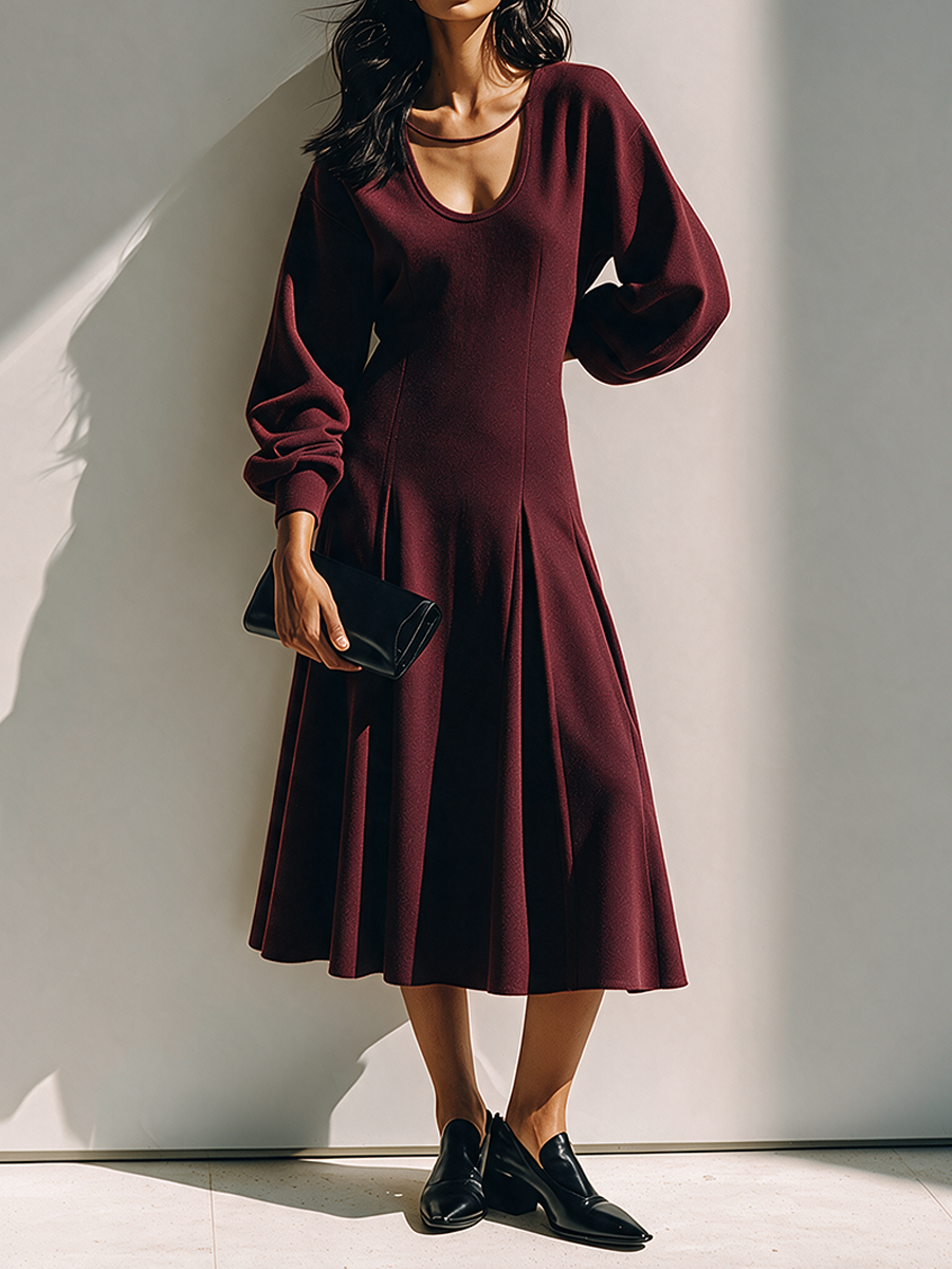 Women's Red U-Neck Midi Dress With Defined Waist MDZ2662H8ZRK