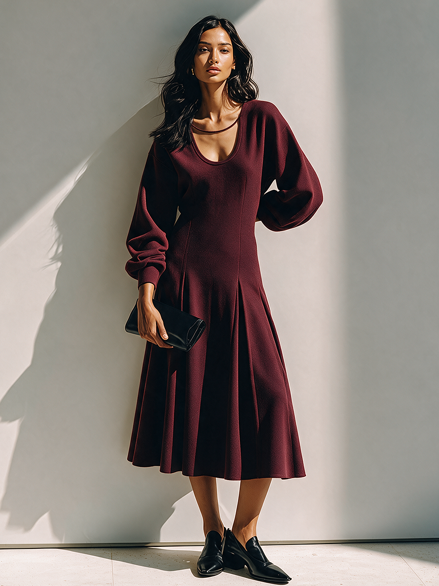 Women's Red U-Neck Midi Dress With Defined Waist MDZ2662H8ZRK