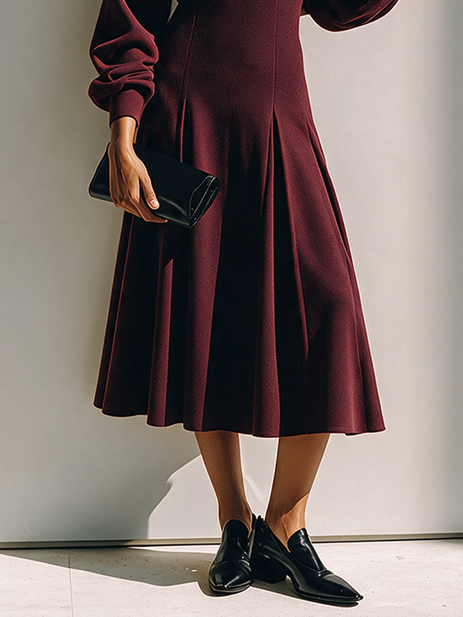 Women's Red U-Neck Midi Dress With Defined Waist MDZ2662H8ZRK