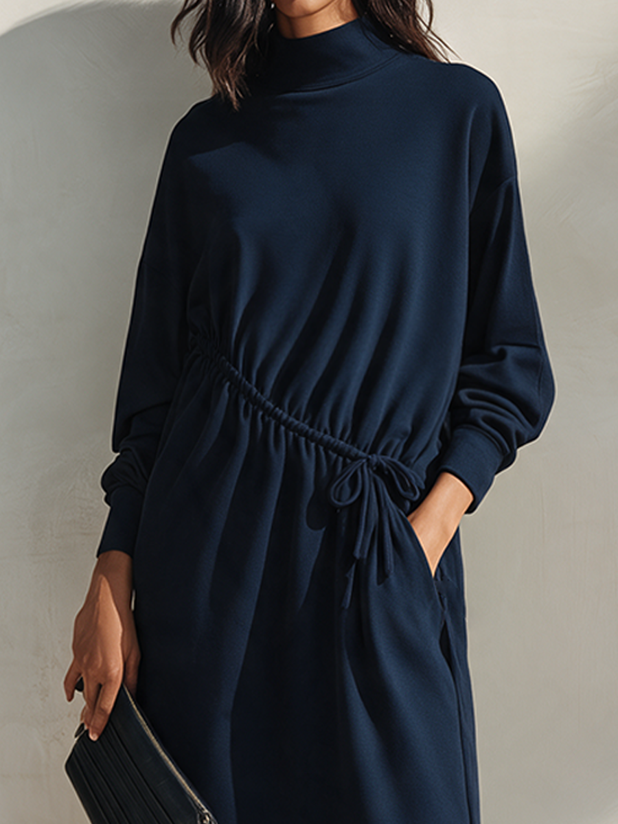 Women's Navy Cotton-Blend Drawstring Midi Dress MDZ2657H2ZRK