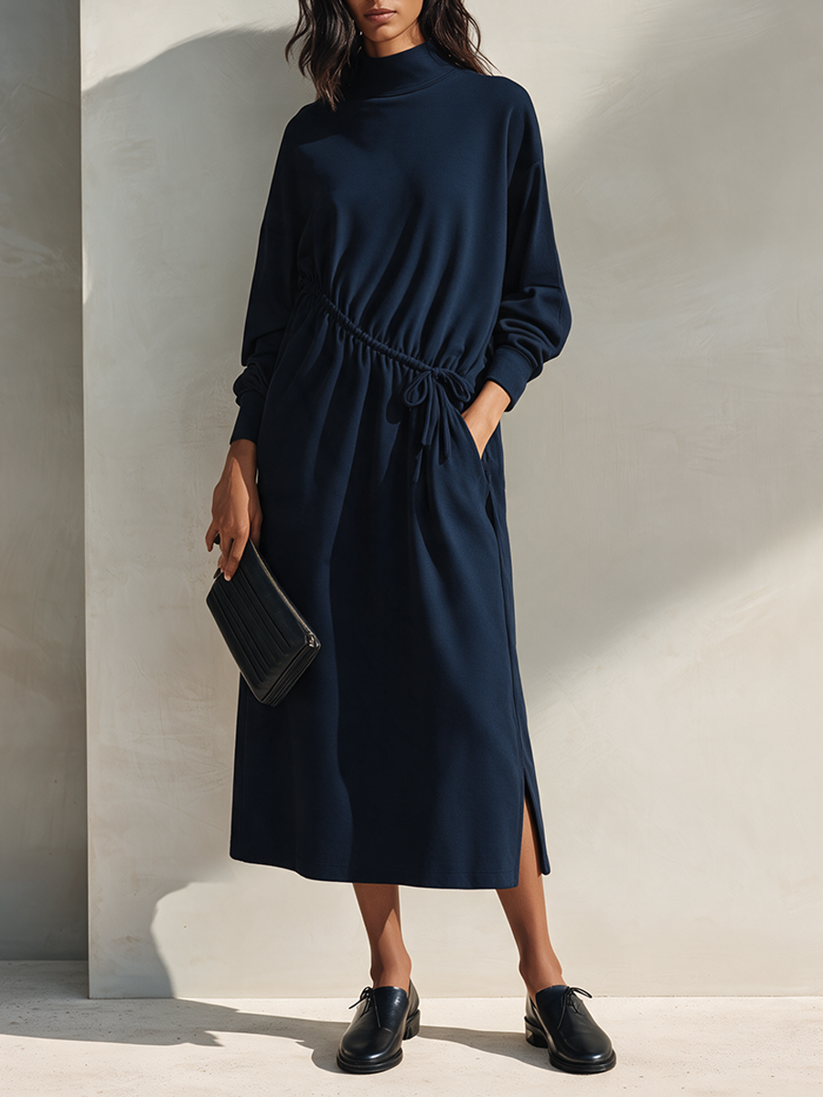 Women's Navy Cotton-Blend Drawstring Midi Dress MDZ2657H2ZRK