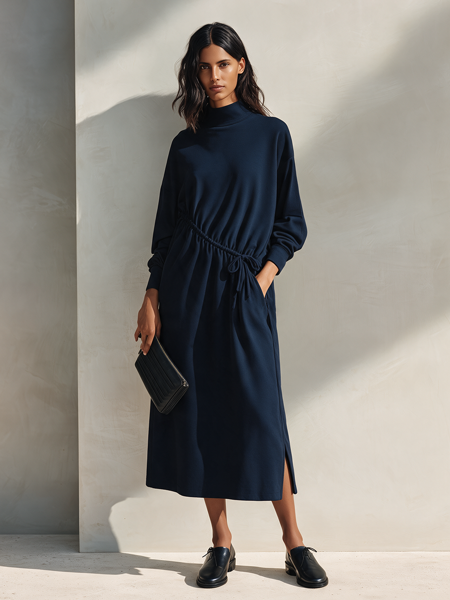 Women's Navy Cotton-Blend Drawstring Midi Dress MDZ2657H2ZRK
