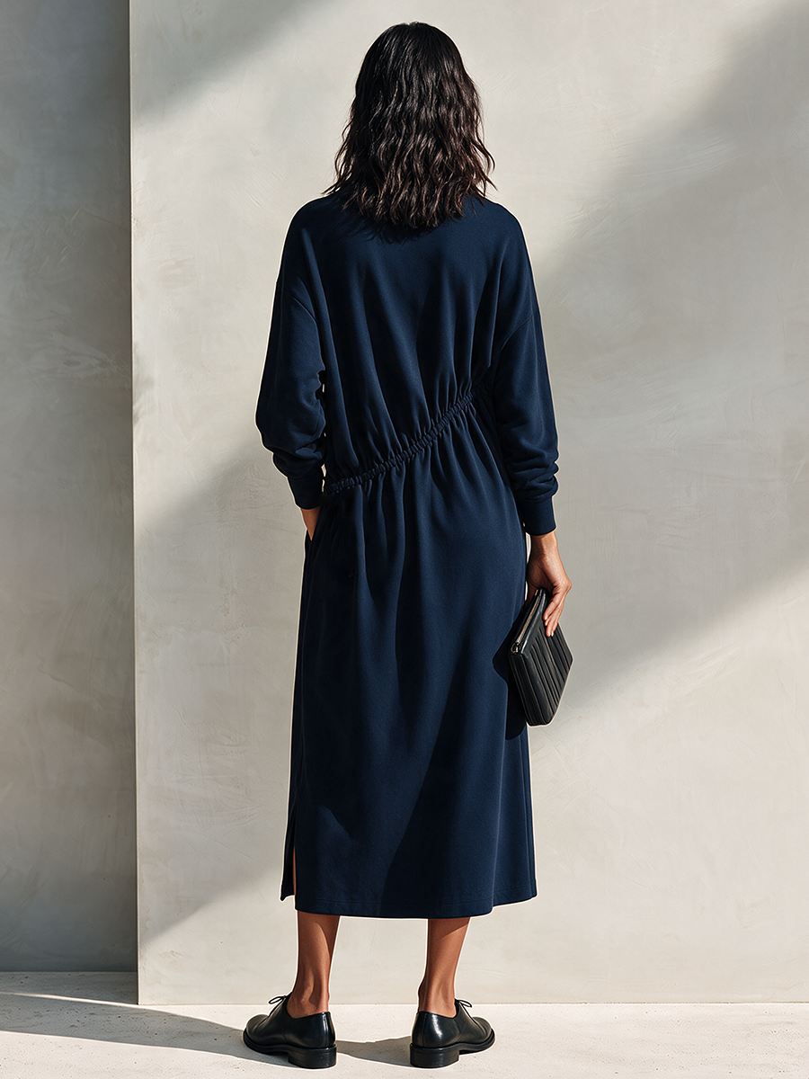 Women's Navy Cotton-Blend Drawstring Midi Dress MDZ2657H2ZRK