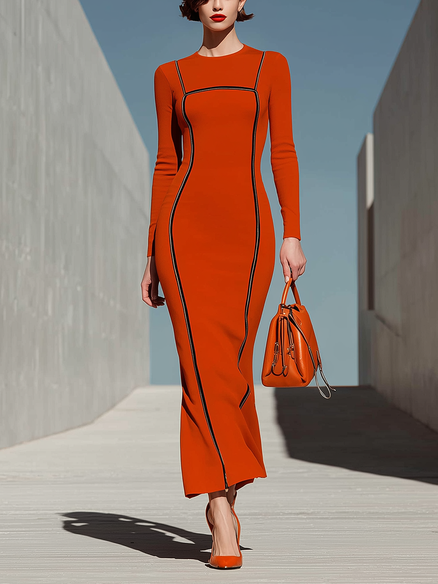 Women's Long Sleeve Contrast Piping Orange Maxi Dress MDZ2524H2YZJ