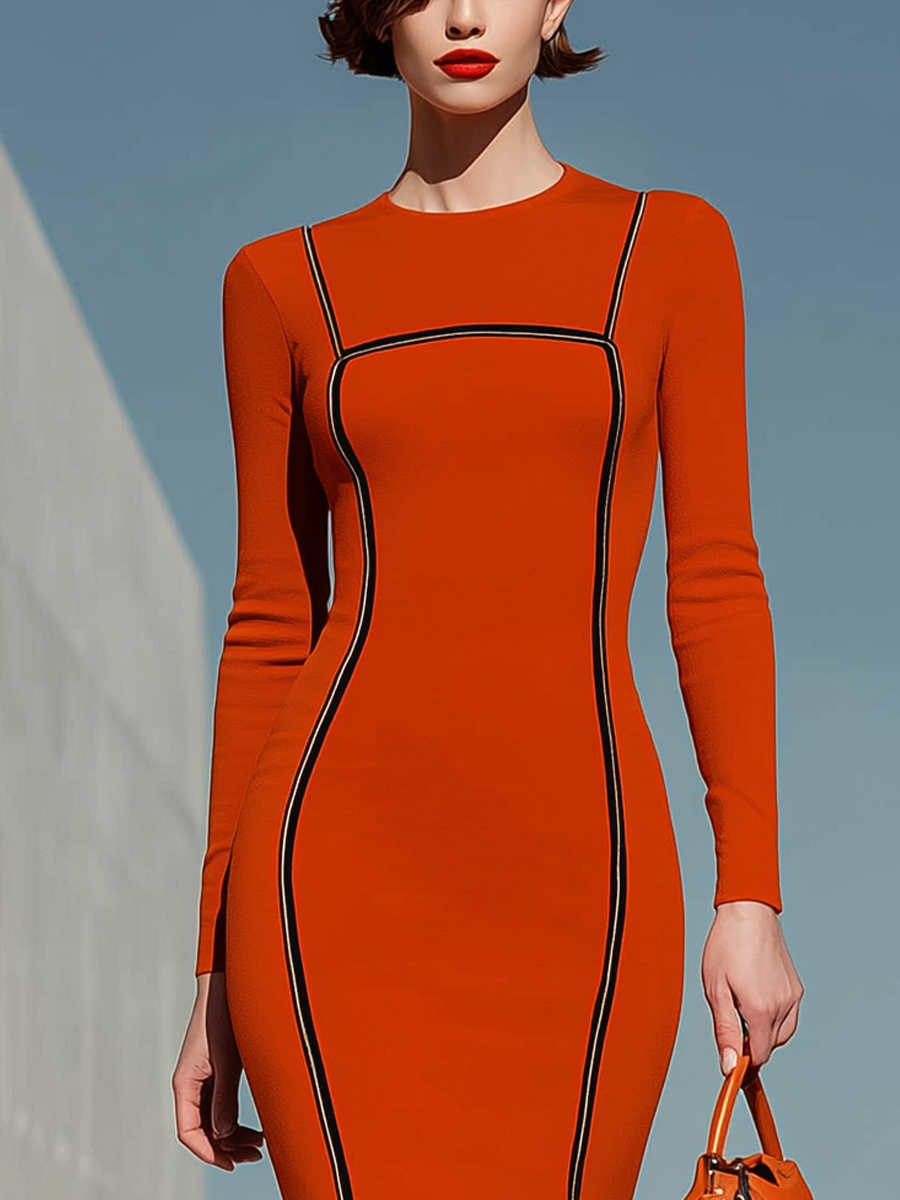 Women's Long Sleeve Contrast Piping Orange Maxi Dress MDZ2524H2YZJ
