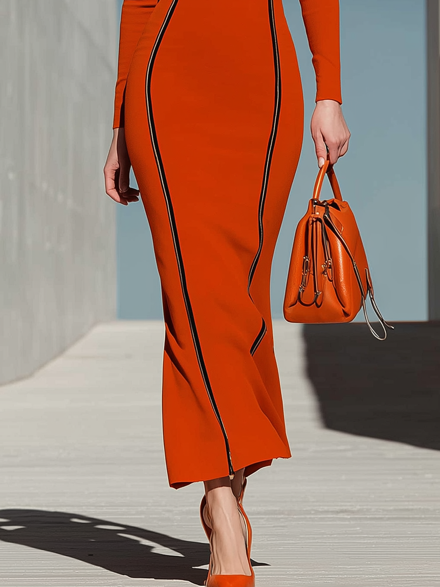 Women's Long Sleeve Contrast Piping Orange Maxi Dress MDZ2524H2YZJ