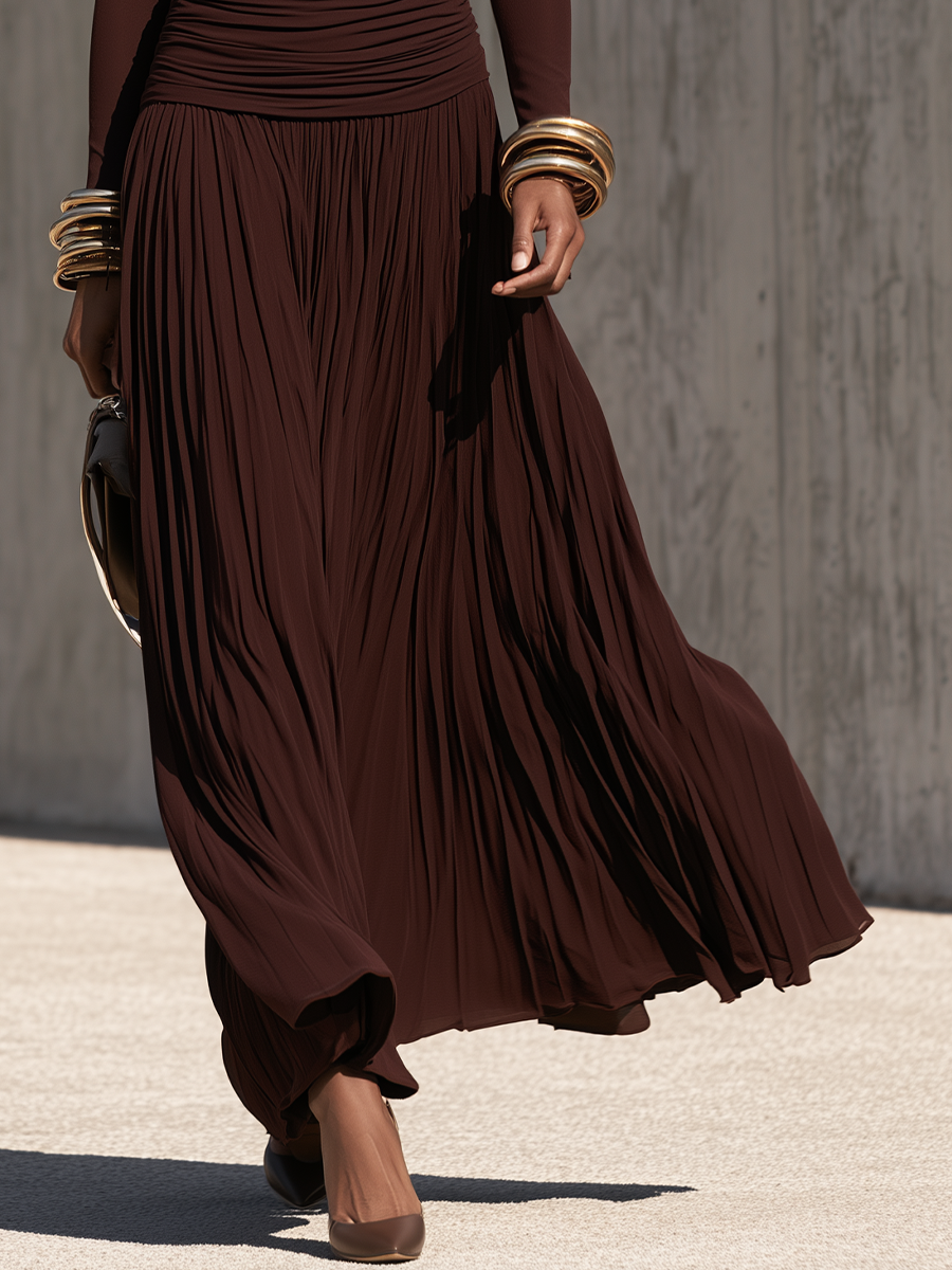 Women's Ruched Waist Pleated Brown Maxi Dress MDZ2510H8YZJ