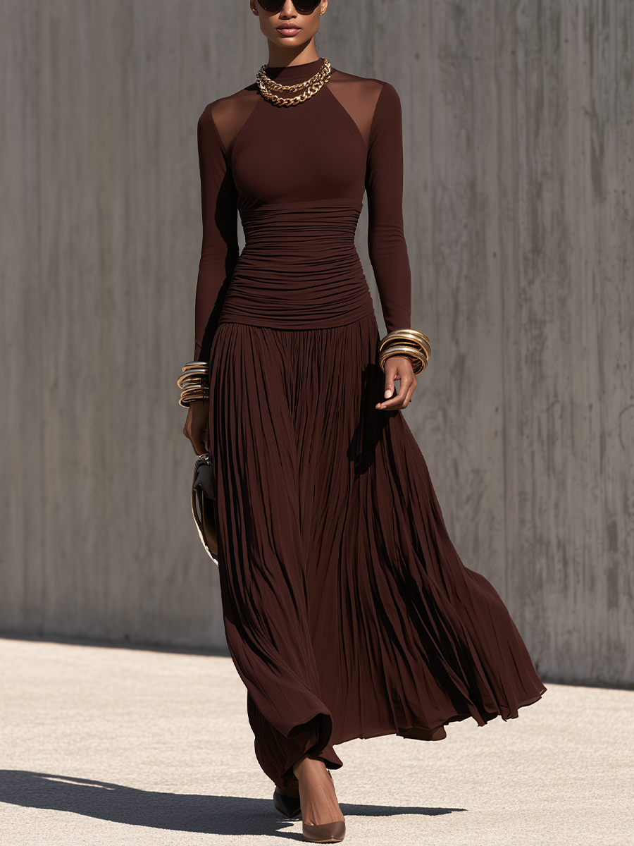 Women's Ruched Waist Pleated Brown Maxi Dress MDZ2510H8YZJ