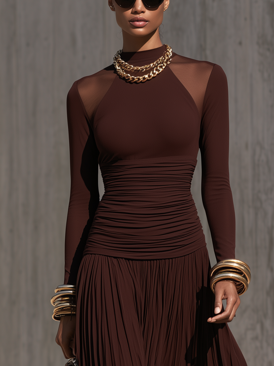Women's Ruched Waist Pleated Brown Maxi Dress MDZ2510H8YZJ
