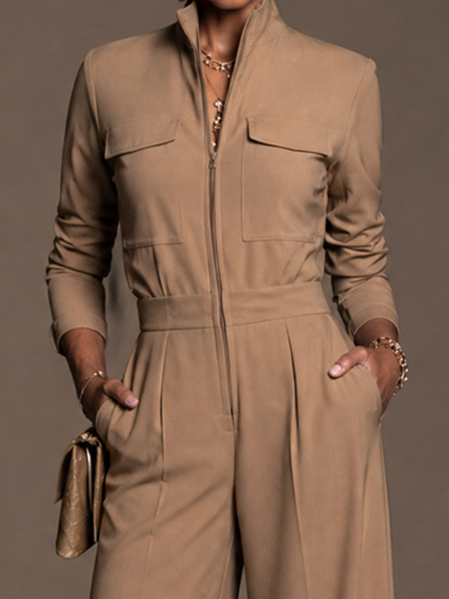 Women's Zipper Stand Collar Casual Long Sleeve Wide Leg Jumpsuit MDZ2540H3GMJ