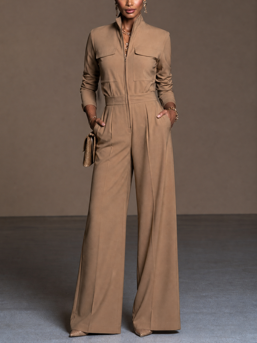 Women's Zipper Stand Collar Casual Long Sleeve Wide Leg Jumpsuit MDZ2540H3GMJ