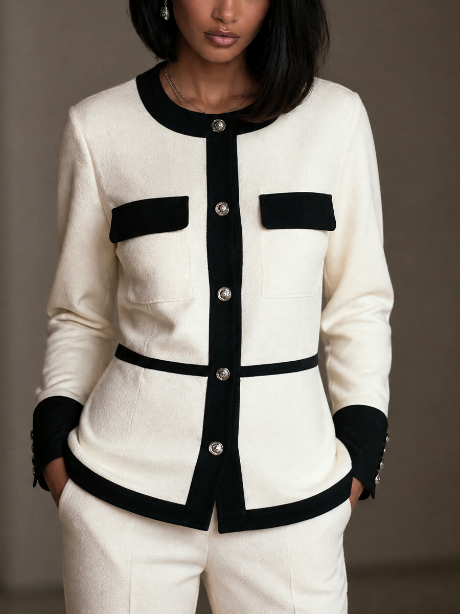 Women's Elegant Color-blocked Trim Coat MDZ2550H3GMJ