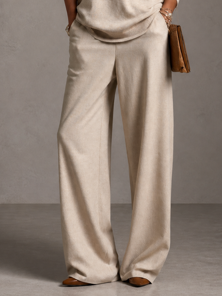 Women's Faux Leather Patchwork Casual Sweater And Wide-leg Pants Set MDZ2510H0GMJ