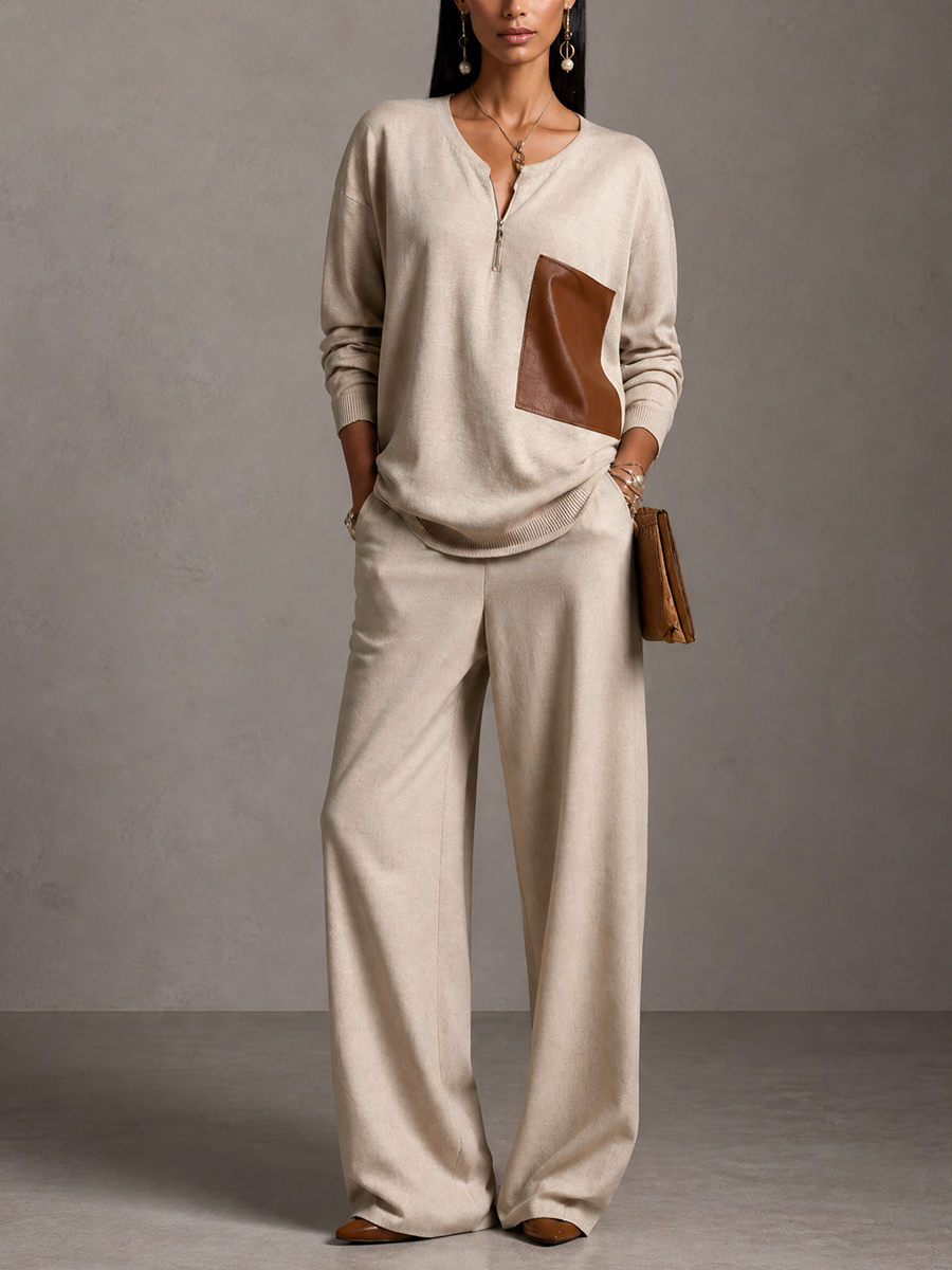Women's Faux Leather Patchwork Casual Sweater And Wide-leg Pants Set MDZ2510H0GMJ