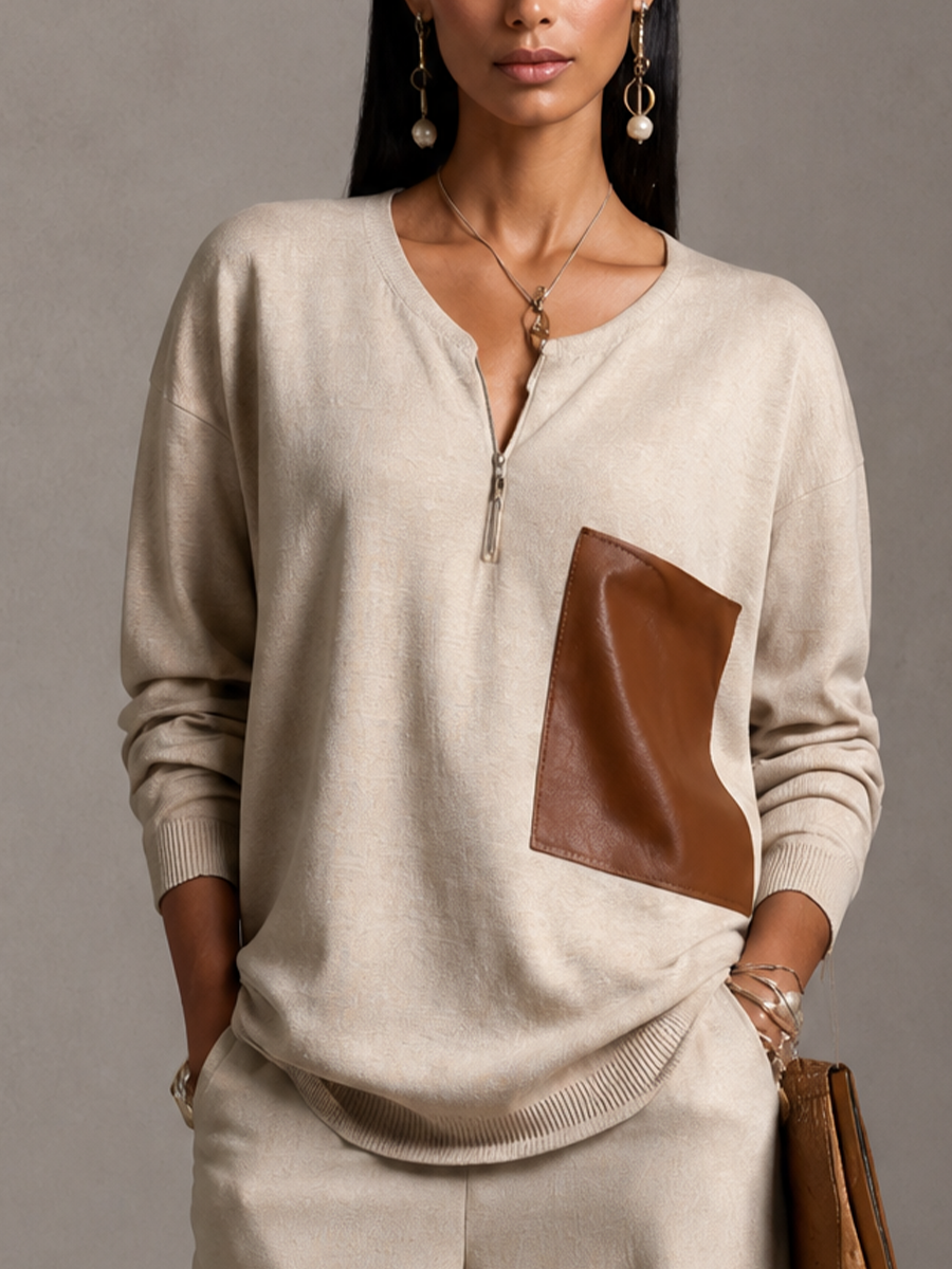 Women's Faux Leather Patchwork Casual Sweater And Wide-leg Pants Set MDZ2510H0GMJ