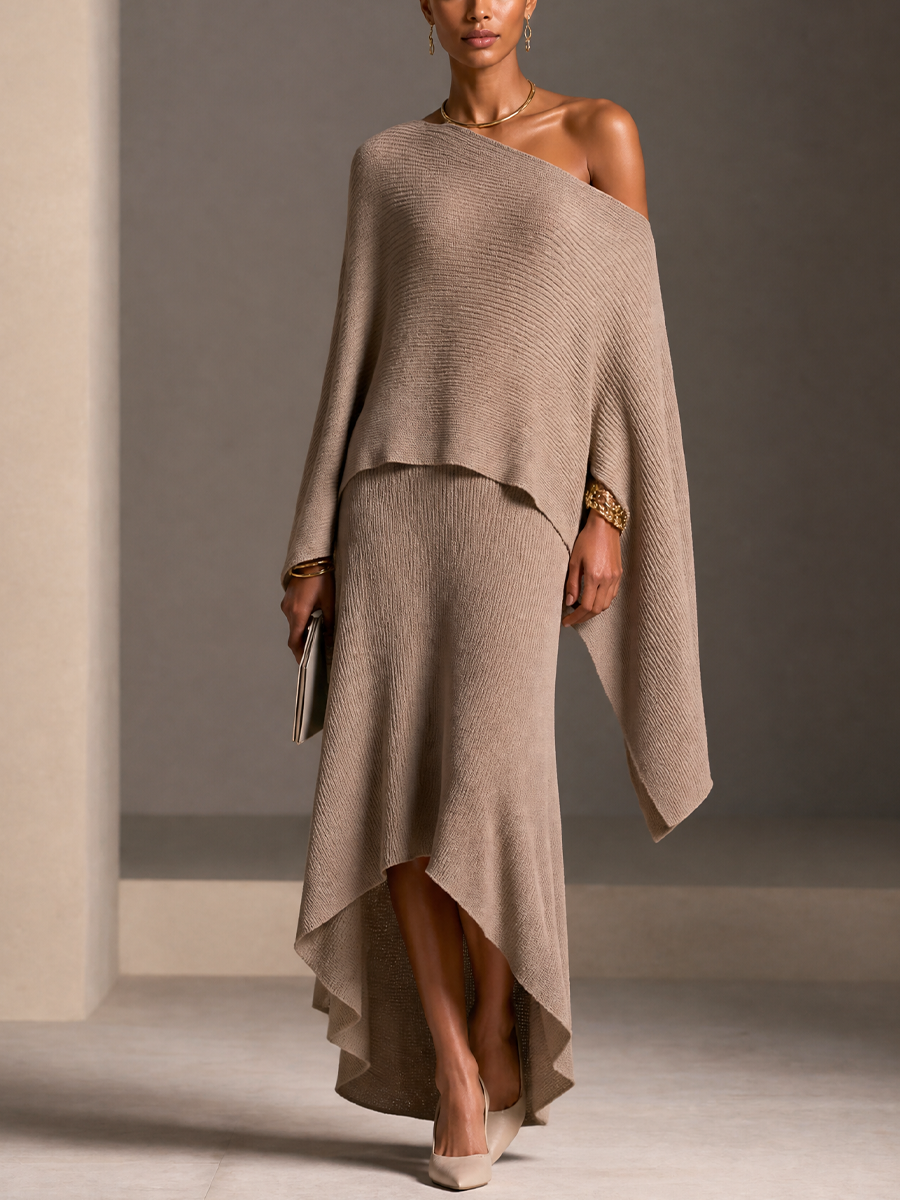 Women's Asymmetrical One-Shoulder Knit Top And Skirt Set MDZ2527H4GMJ