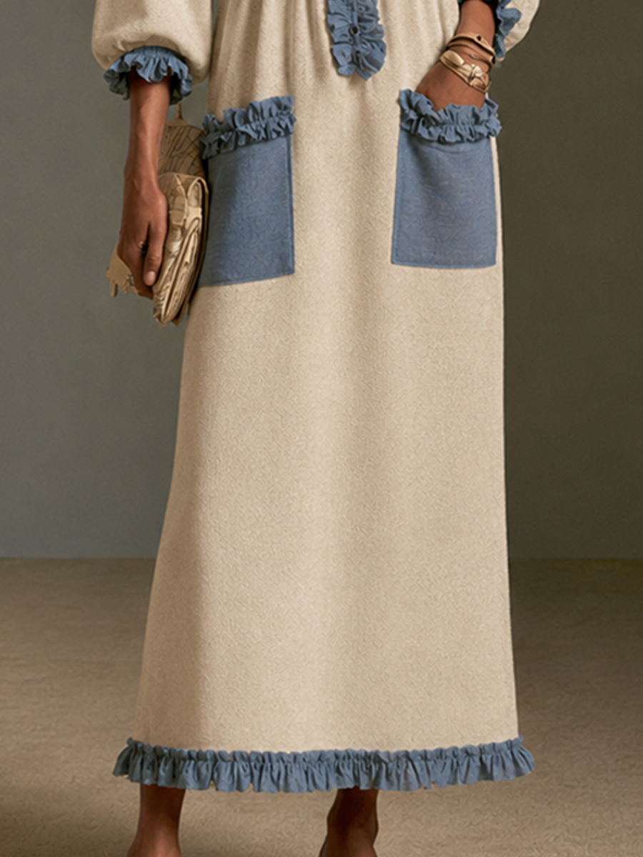 Women's Color-Blocked Ruffled Elegant Knitted Long Dress MDZ2533H5GMJ
