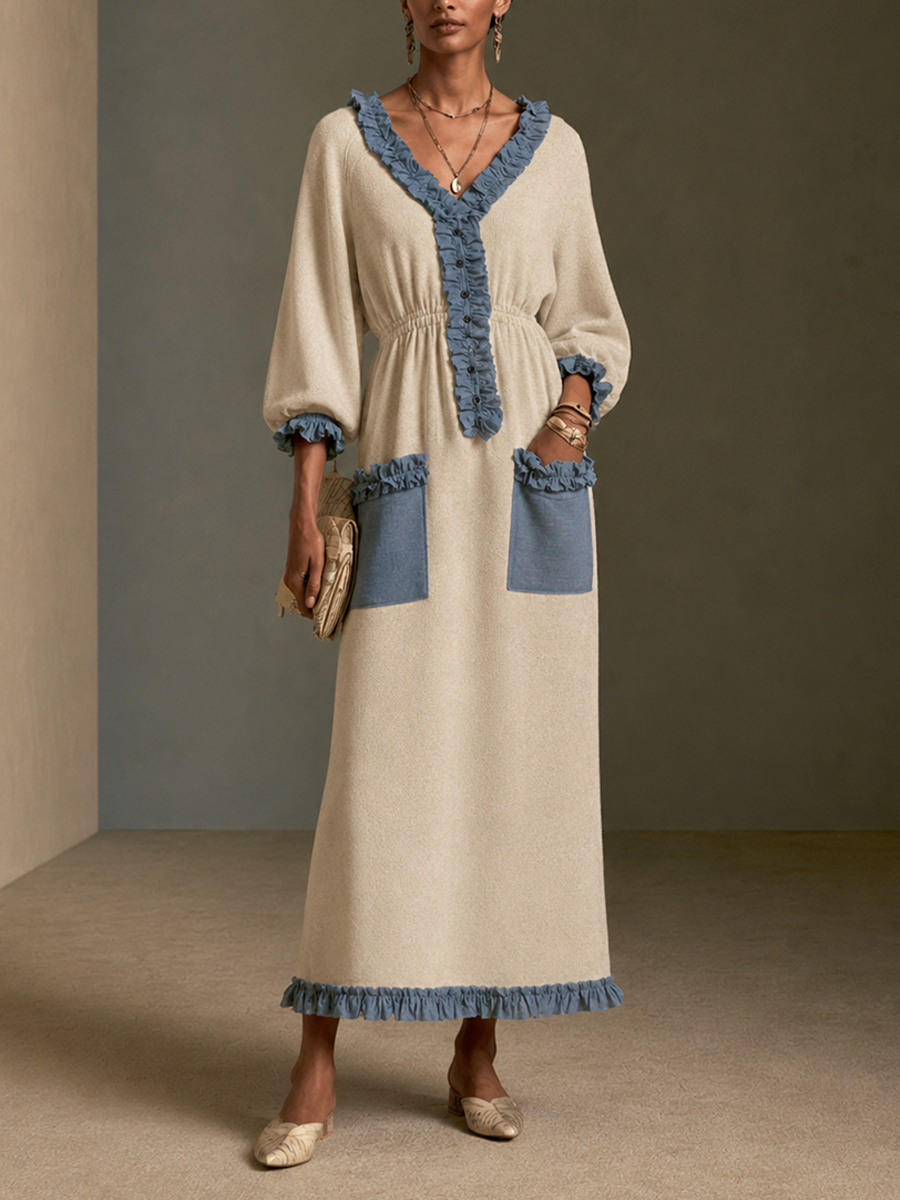 Women's Color-Blocked Ruffled Elegant Knitted Long Dress MDZ2533H5GMJ