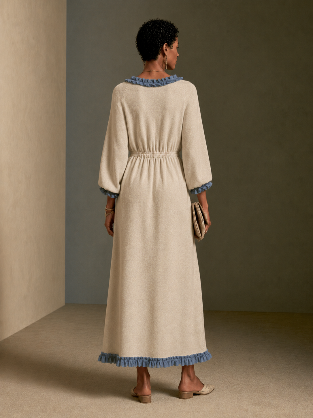 Women's Color-Blocked Ruffled Elegant Knitted Long Dress MDZ2533H5GMJ