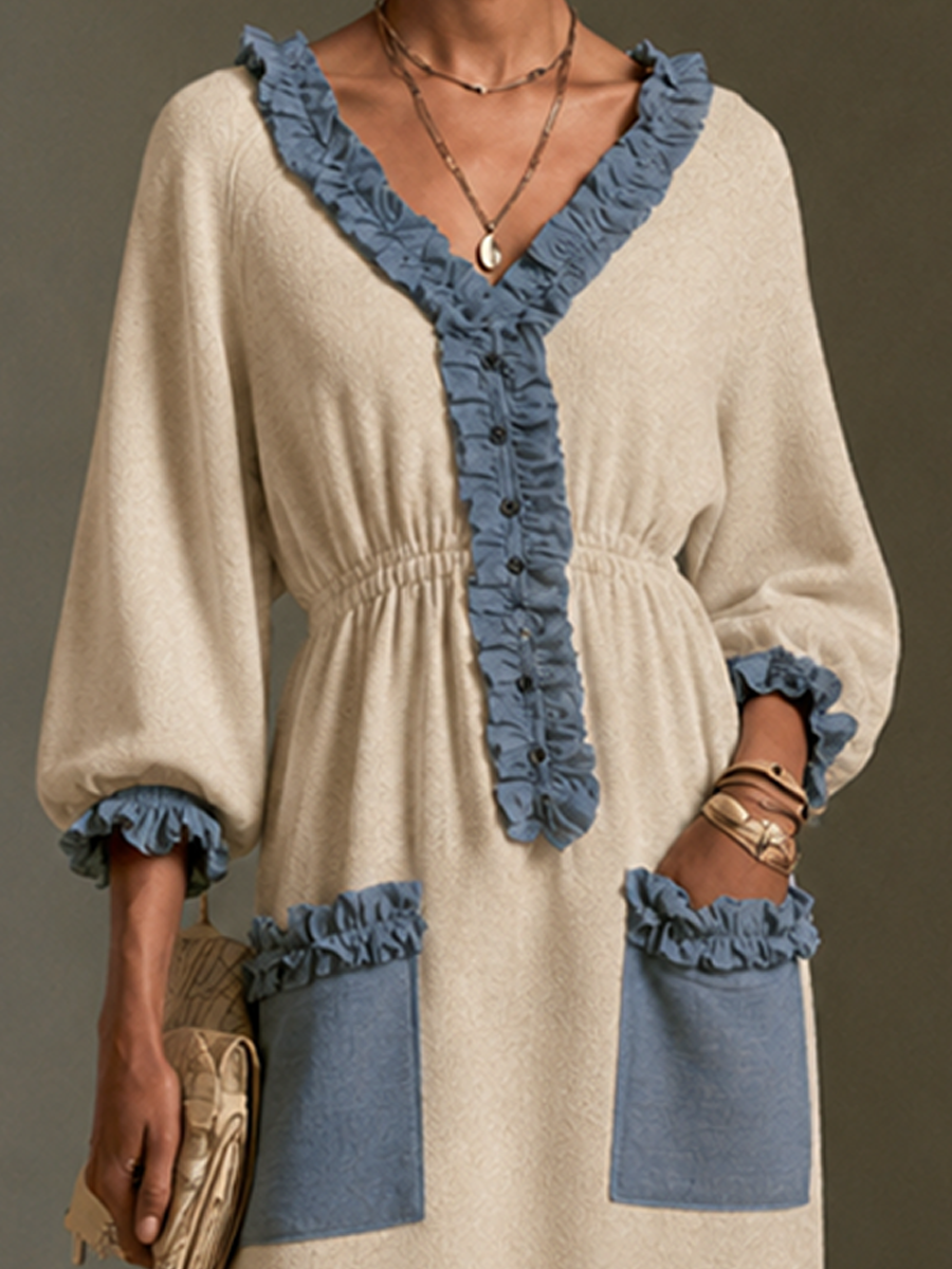 Women's Color-Blocked Ruffled Elegant Knitted Long Dress MDZ2533H5GMJ